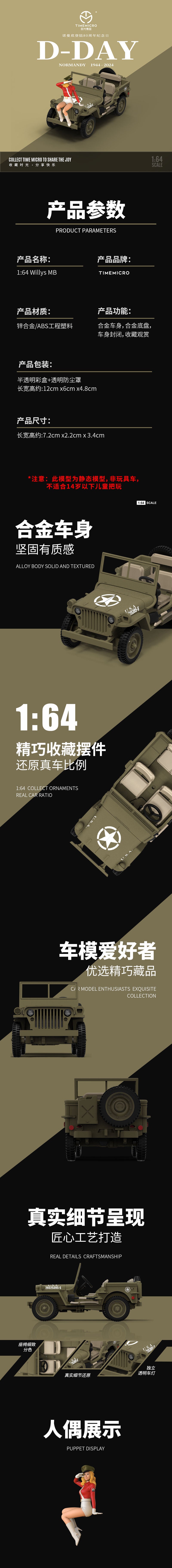 Time Micro 1/64 Willys MB Jeep Military 4x4 4WD SUV World War II D-Day Normandy 80th Anniversary Edition with Model Girl Figure