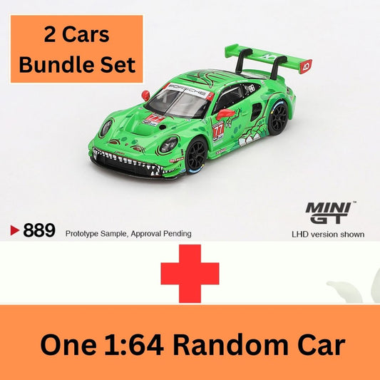 (2 Card Bundle Set) Mini GT 1:64 Porsche 911 GT3 R #77 AO Racing 2024 IMSA Daytona 24 Hrs GTD Pro 2nd Place (MGT00889CH) + One 1/64 Random Car (Limit to 1 unit per person/address)