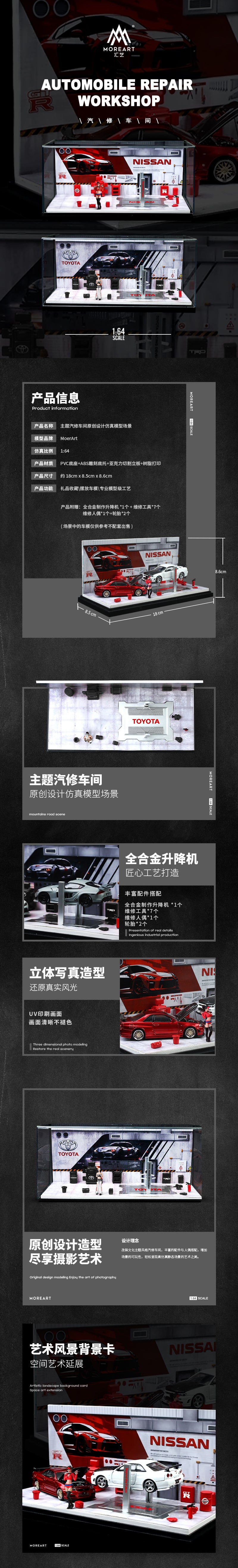 MoreArt 1/64 Automobile Repair Workshop Garage Diorama with Tools and Figure Set- Toyota Edition