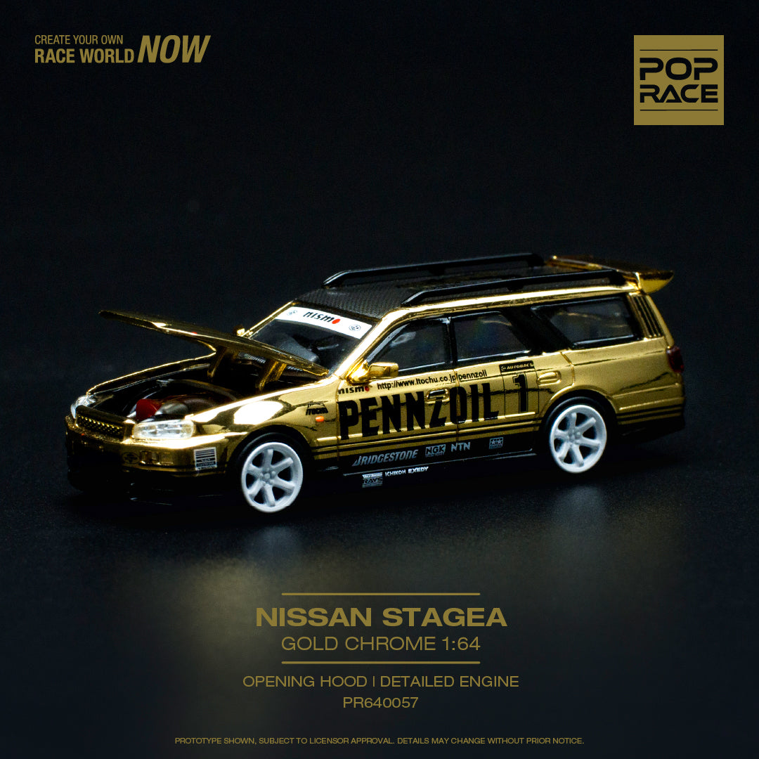 Pop Race 1/64 Nissan Stagea Gold Chrome (PR640057)