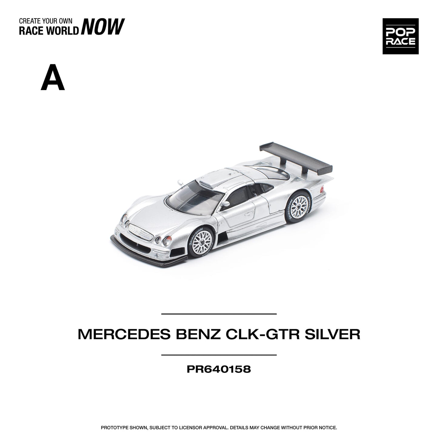 Pop Race 1:64 Mercedes-Benz AMG CLK GTR Silver Removable Front and Rear Detailed Engine (PR640158)
