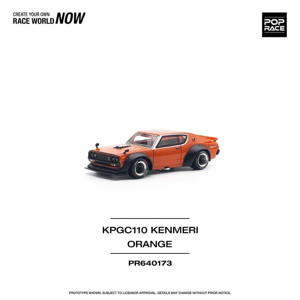 Pop Race 1:64 Nissan Skyline GT-R KPGC110 V8 Drift Kenmeri Orange Opening Front and Rear Detailed Engine (PR640173)