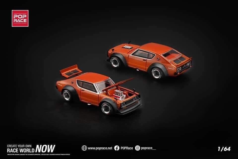 Pop Race 1:64 Nissan Skyline GT-R KPGC110 V8 Drift Kenmeri Orange Opening Front and Rear Detailed Engine (PR640173)