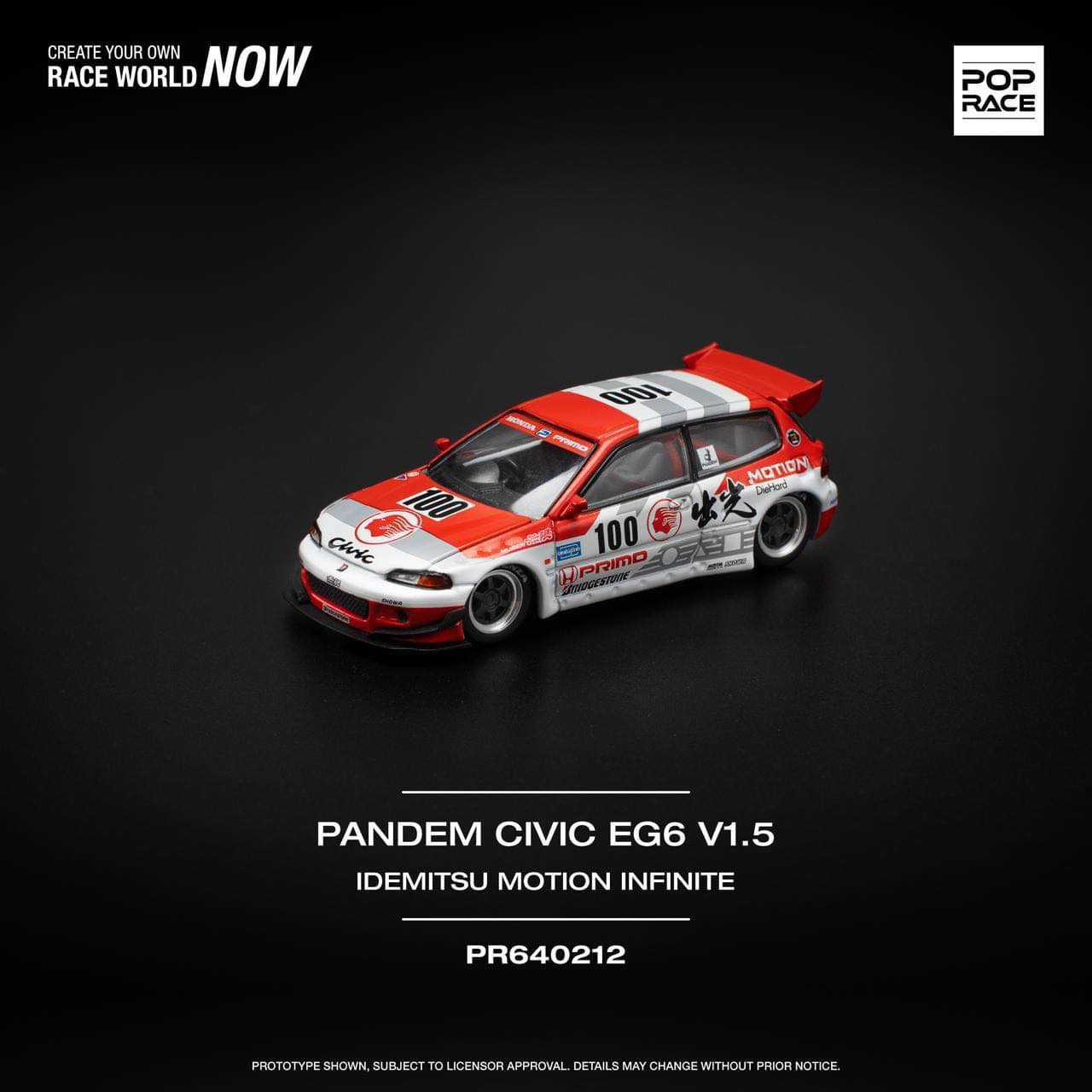 Pop Race 1:64 Honda PANDEM CIVIC EG6 v1.5 Idemitsu Motion Infinite Opening Front Detailed Engine (PR640212)