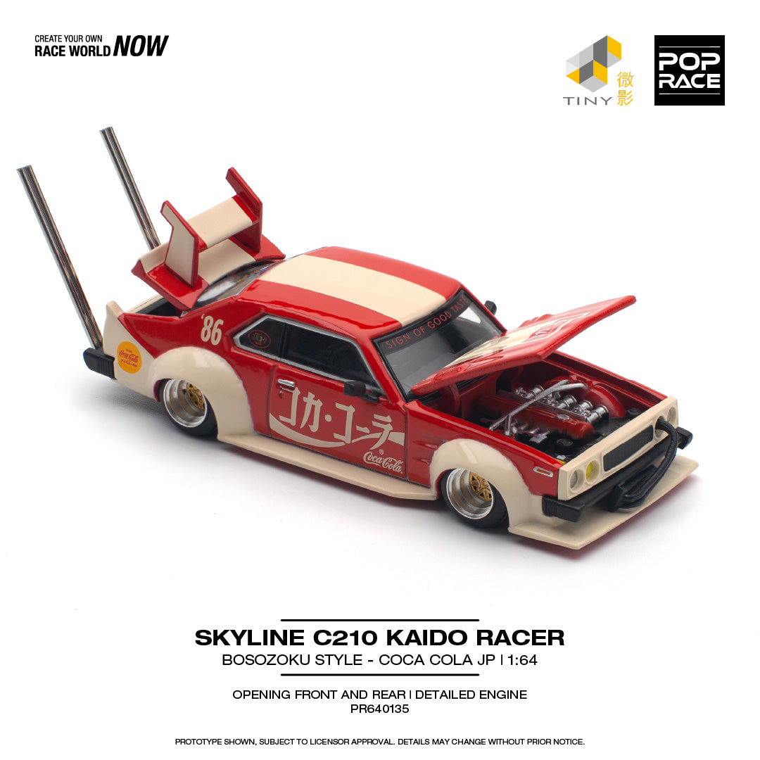 Pop Race 1:64 Nissan Skyline C210 KAIDO Racer Bosozoku Style - Coca Cola JP Opening Front and Rear Detailed Engine (PR640135)