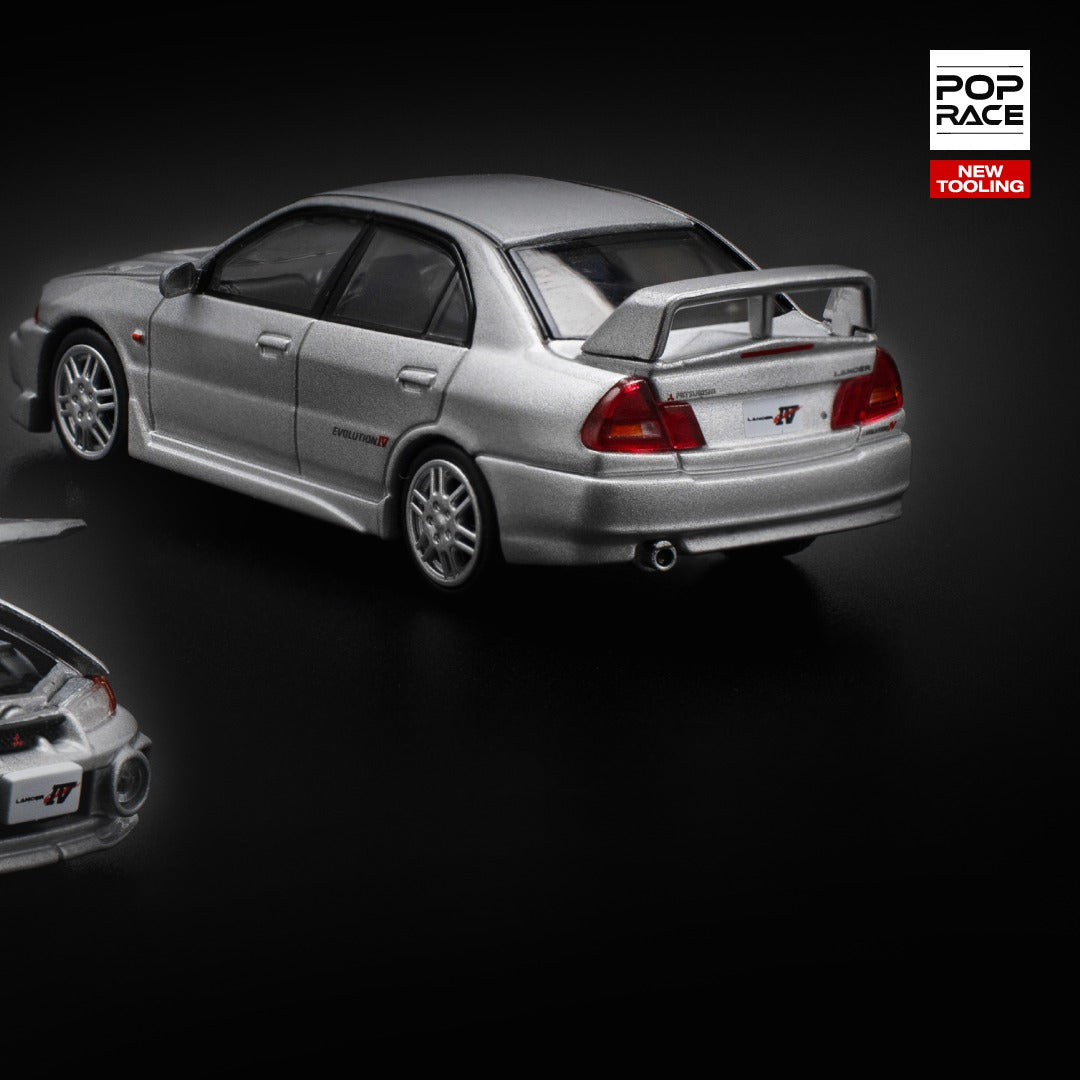 Pop Race 1:64 Mitsubishi Lancer Evolution IV Steel Silver Metallic Opening Front Detailed Engine (PR640140)