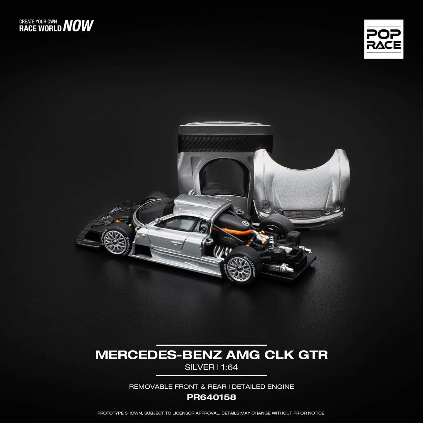 Pop Race 1:64 Mercedes-Benz AMG CLK GTR Silver Removable Front and Rear Detailed Engine (PR640158)