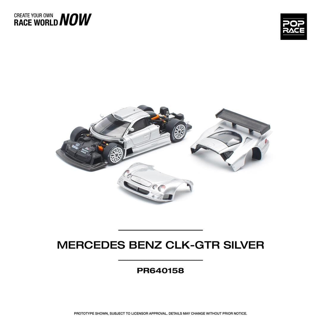 Pop Race 1:64 Mercedes-Benz AMG CLK GTR Silver Removable Front and Rear Detailed Engine (PR640158)