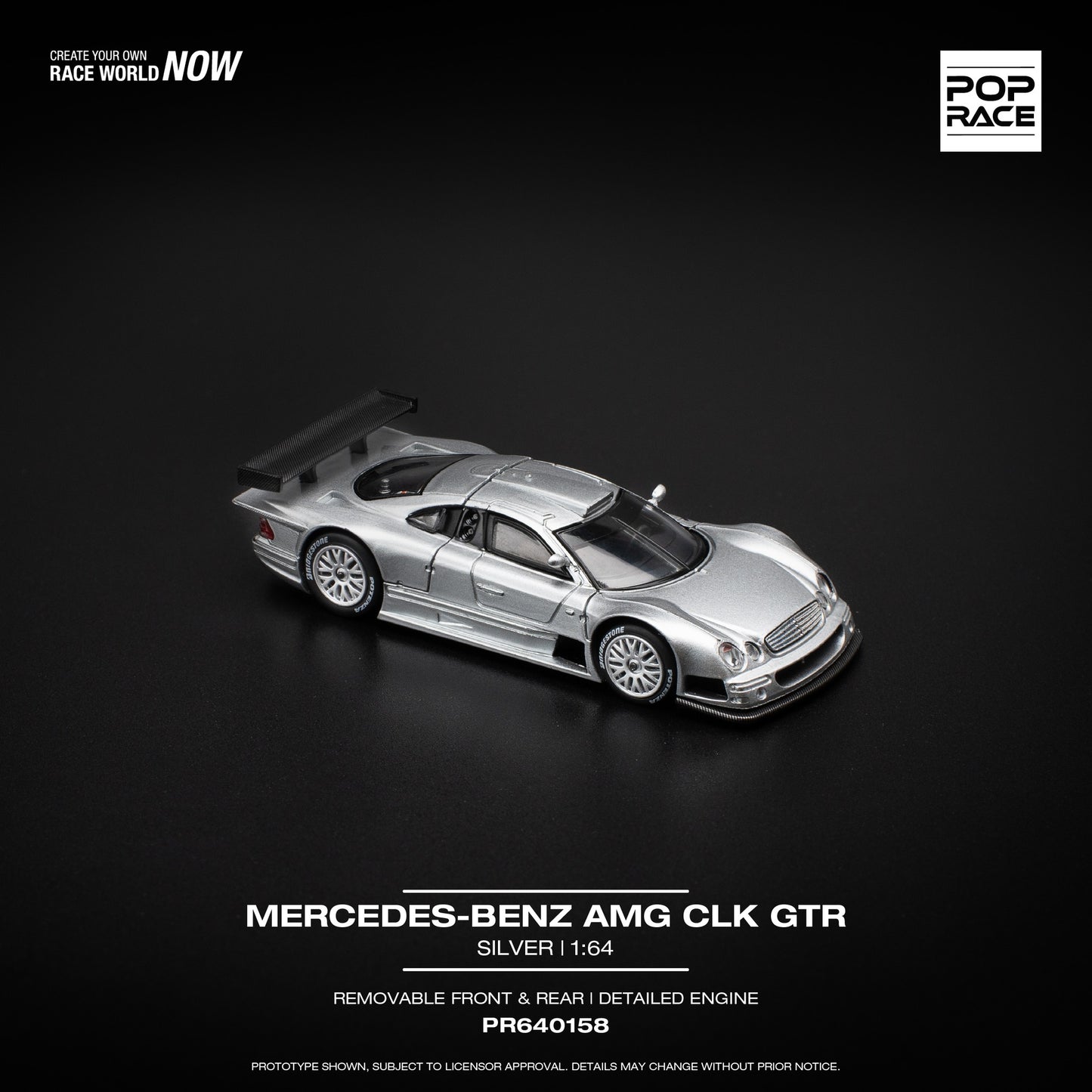 Pop Race 1:64 Mercedes-Benz AMG CLK GTR Silver Removable Front and Rear Detailed Engine (PR640158)