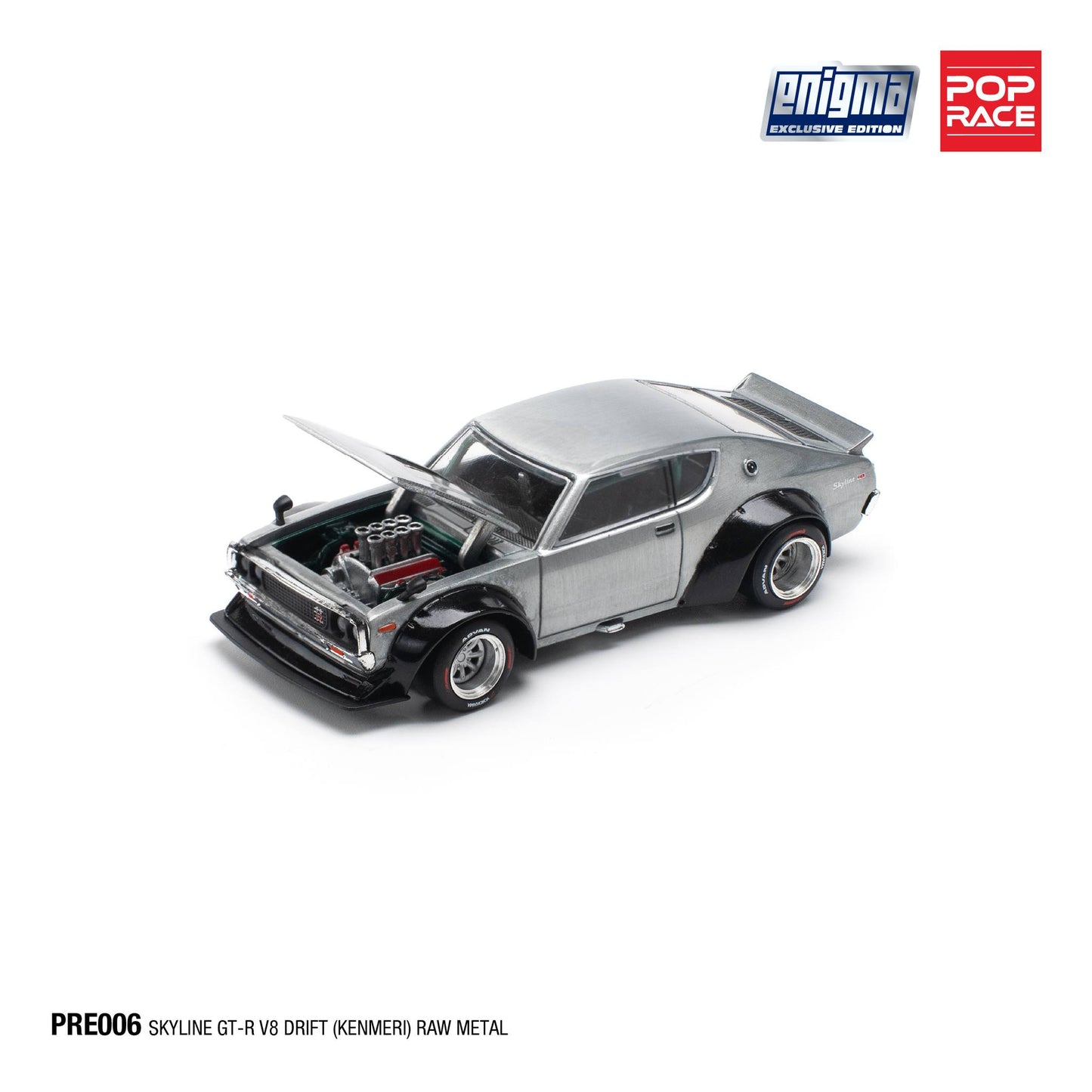 Pop Race X Enigma 1:64 Nissan Skyline GT-R KPGC110 Kenmeri V8 Drift Raw Metal in Blister Packaging (PRE006)