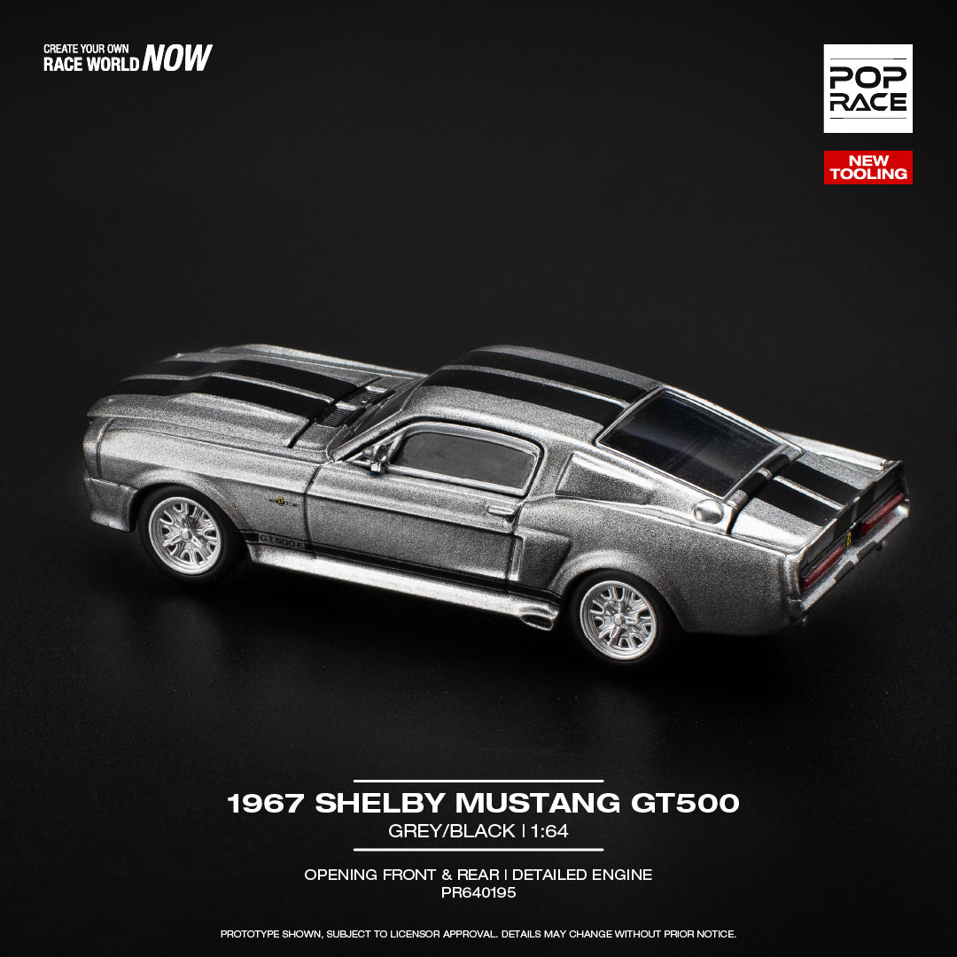 Pop Race 1:64 Ford 1967 Shelby Mustang GT500 Grey Black Opening Front & Rear Detailed Engine (PR640195)