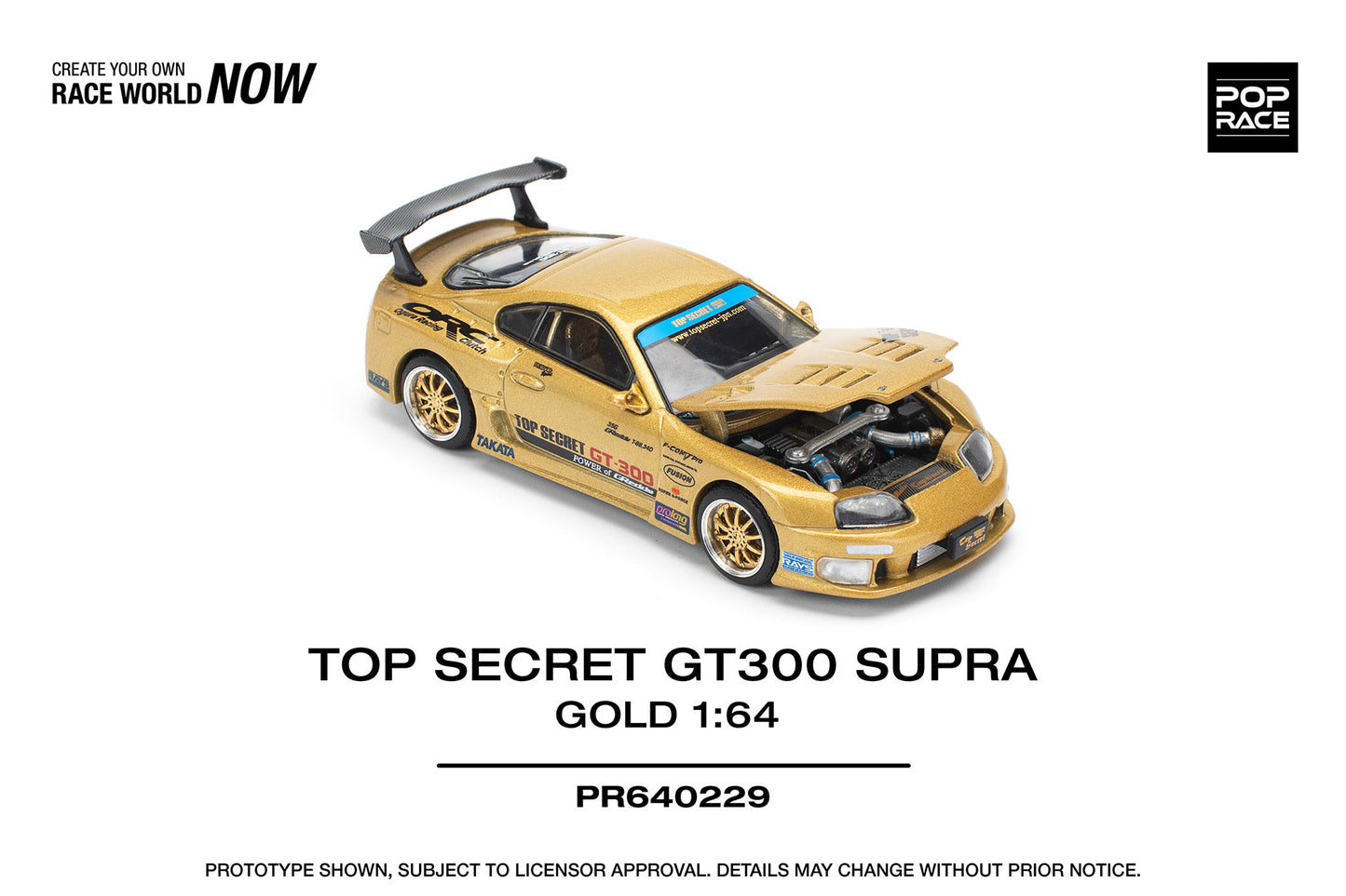 Pop Race 1:64 Toyota Top Secret GT300 Supra Gold Openable Front Hood Detailed Engine (PR640229)
