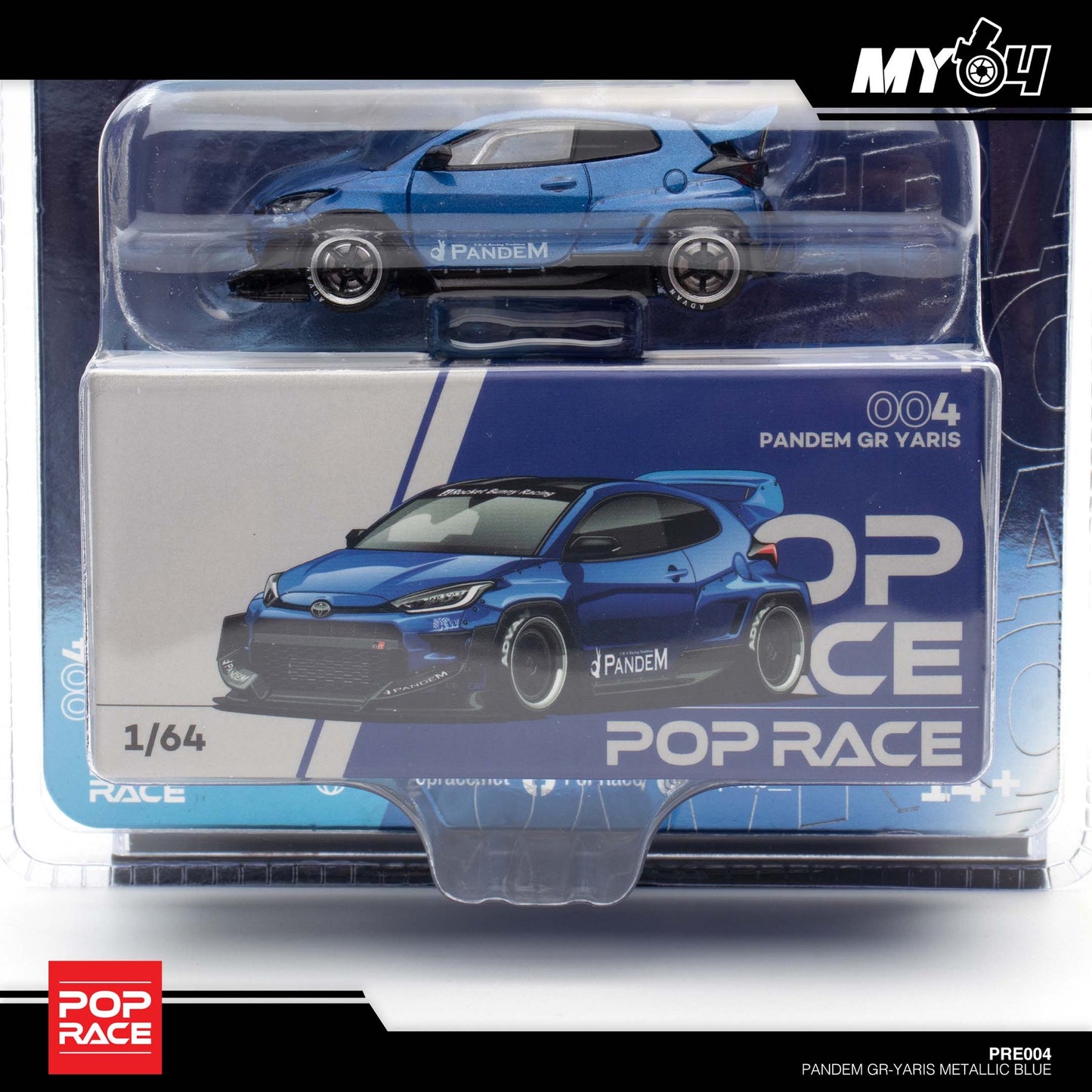 Pop Race X Enigma 1:64 Toyota GR Yaris Pandem Rocket Bunny Metallic Blue in Blister Packaging (PRE004)