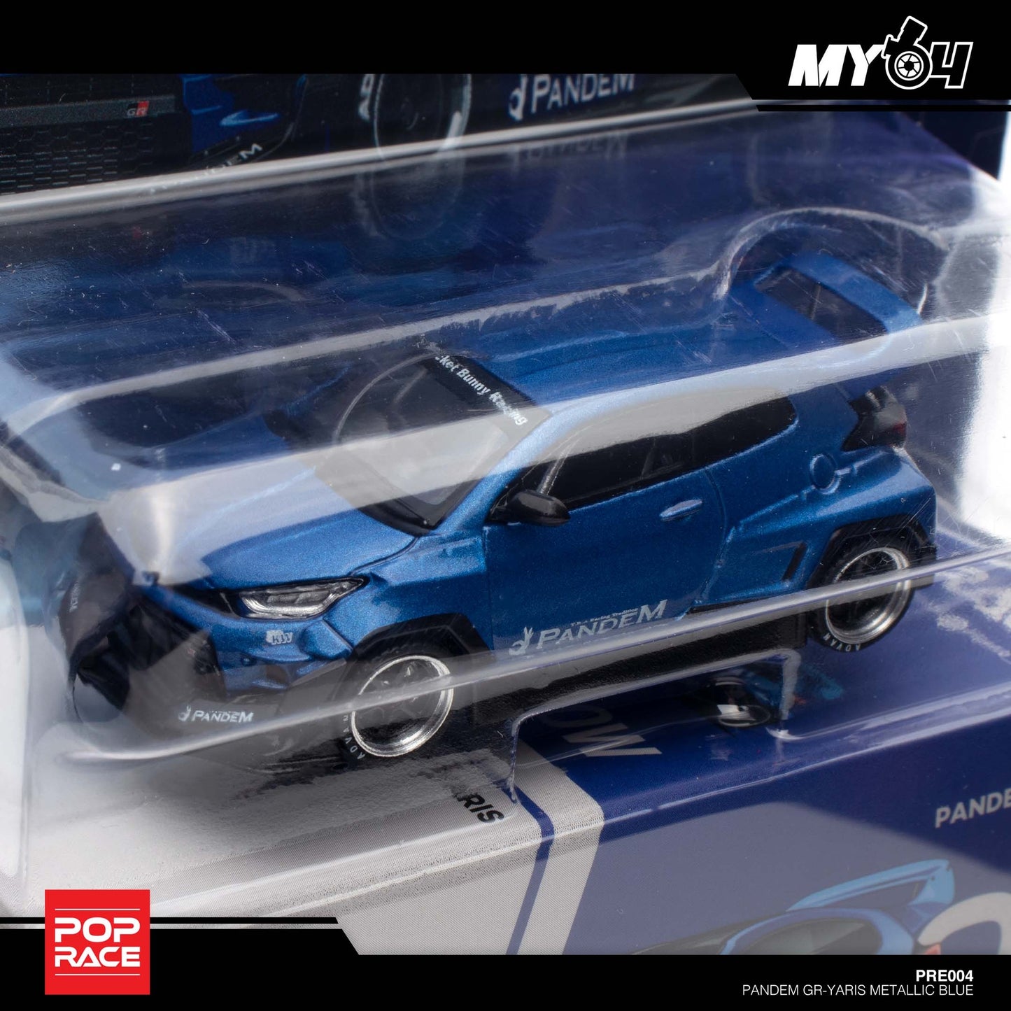 Pop Race X Enigma 1:64 Toyota GR Yaris Pandem Rocket Bunny Metallic Blue in Blister Packaging (PRE004)
