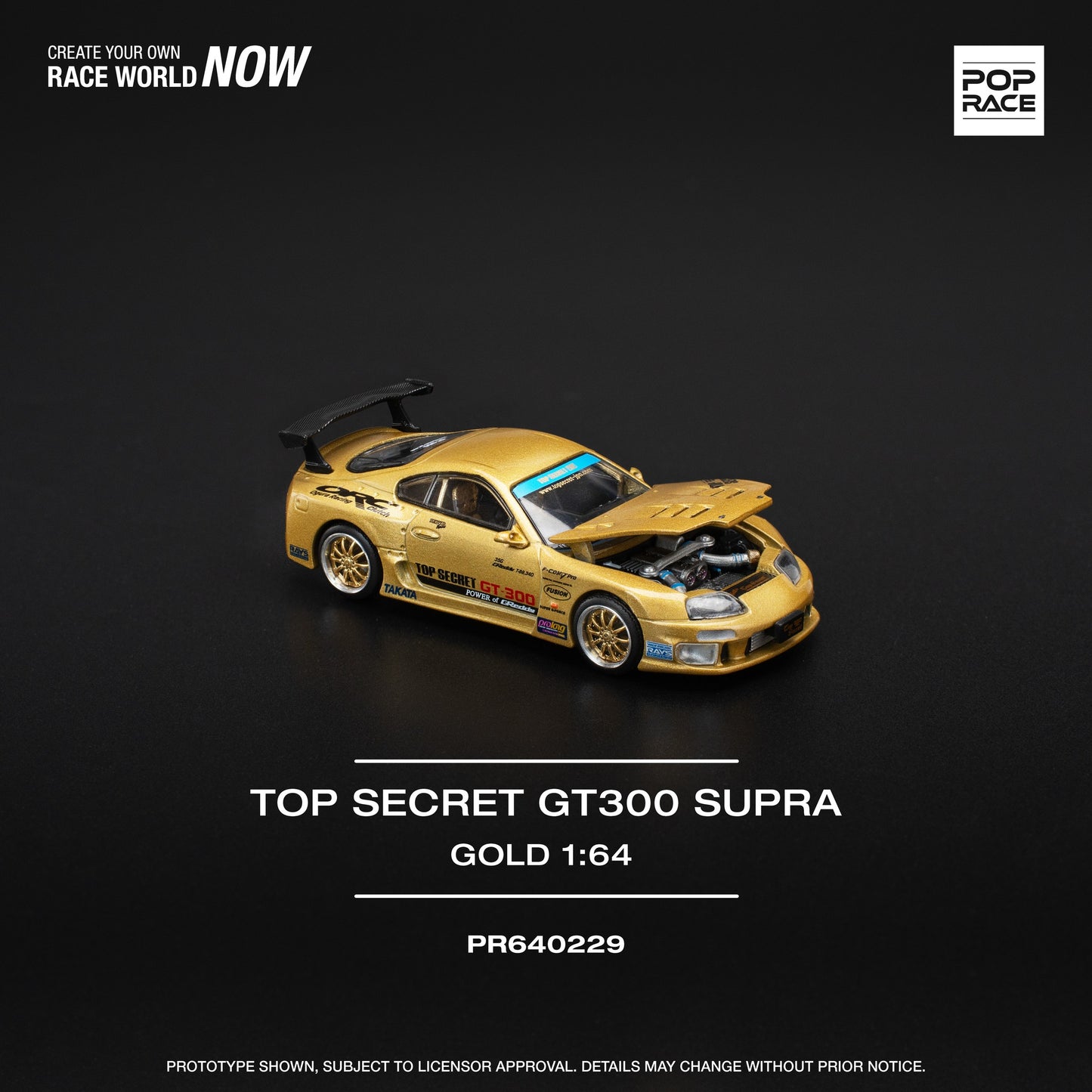 Pop Race 1:64 Toyota Top Secret GT300 Supra Gold Openable Front Hood Detailed Engine (PR640229)