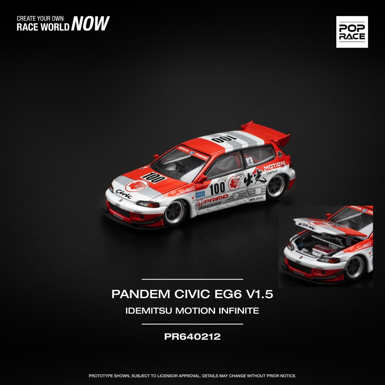Pop Race 1:64 Honda PANDEM CIVIC EG6 v1.5 Idemitsu Motion Infinite Opening Front Detailed Engine (PR640212)