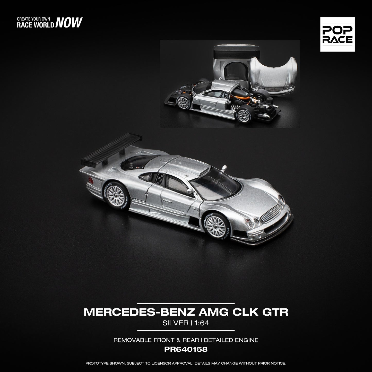 Pop Race 1:64 Mercedes-Benz AMG CLK GTR Silver Removable Front and Rear Detailed Engine (PR640158)