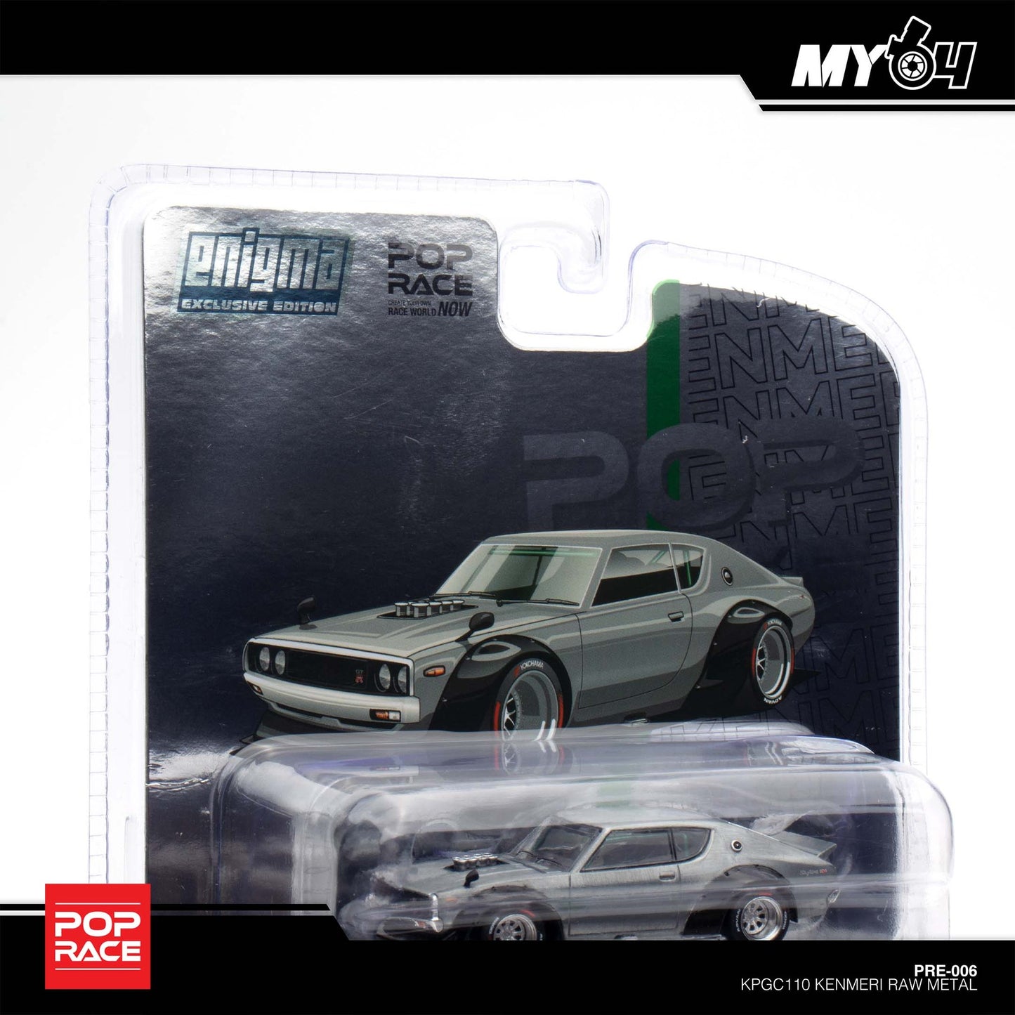 Pop Race X Enigma 1:64 Nissan Skyline GT-R KPGC110 Kenmeri V8 Drift Raw Metal in Blister Packaging (PRE006)