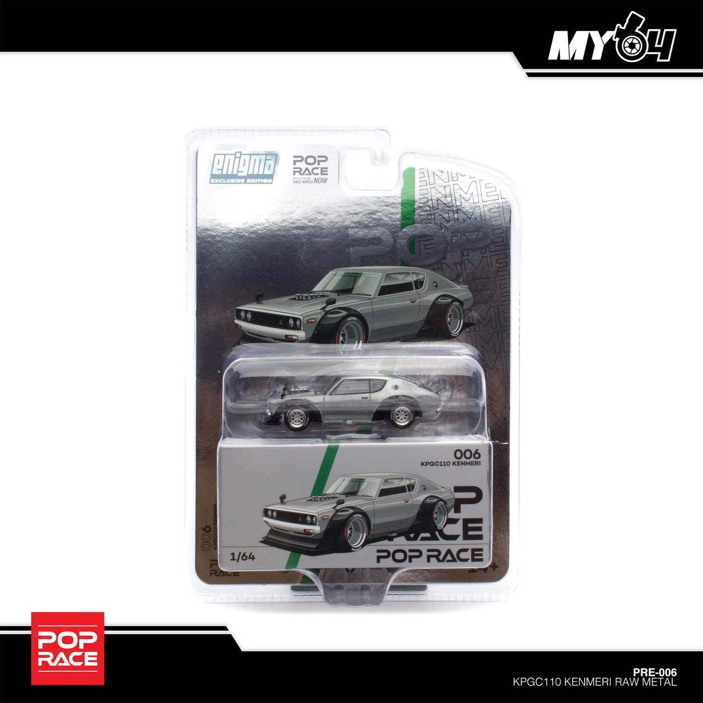 Pop Race X Enigma 1:64 Nissan Skyline GT-R KPGC110 Kenmeri V8 Drift Raw Metal in Blister Packaging (PRE006)