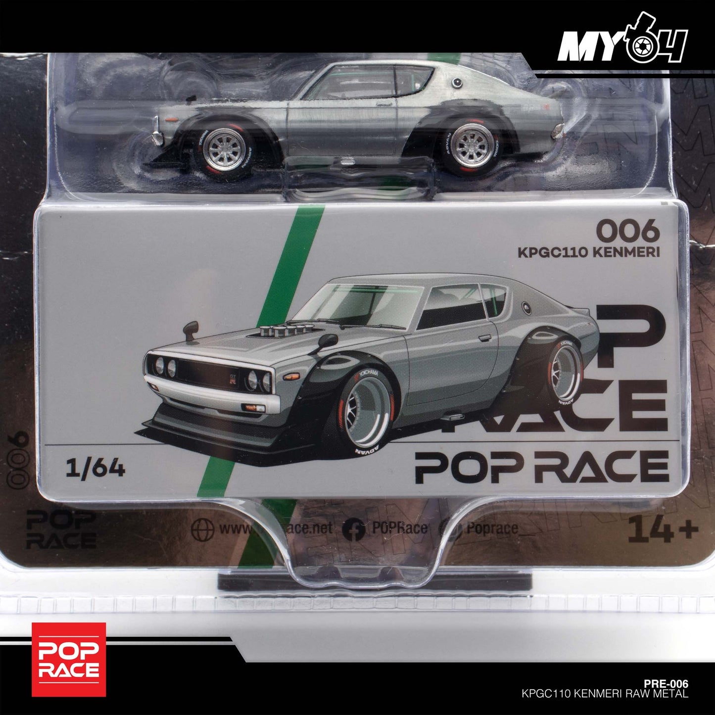Pop Race X Enigma 1:64 Nissan Skyline GT-R KPGC110 Kenmeri V8 Drift Raw Metal in Blister Packaging (PRE006)