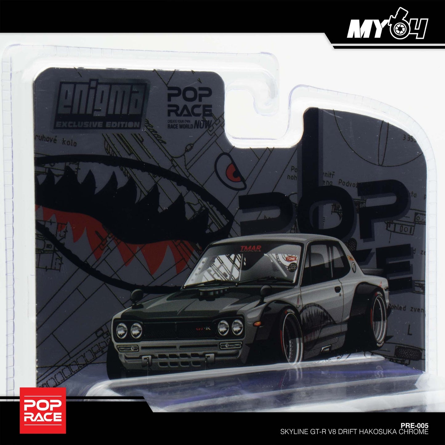 Pop Race X Enigma 1:64 Nissan Skyline GT-R KPGC10 Hakosuka V8 Drift Silver Shark in Blister Packaging (PRE005)