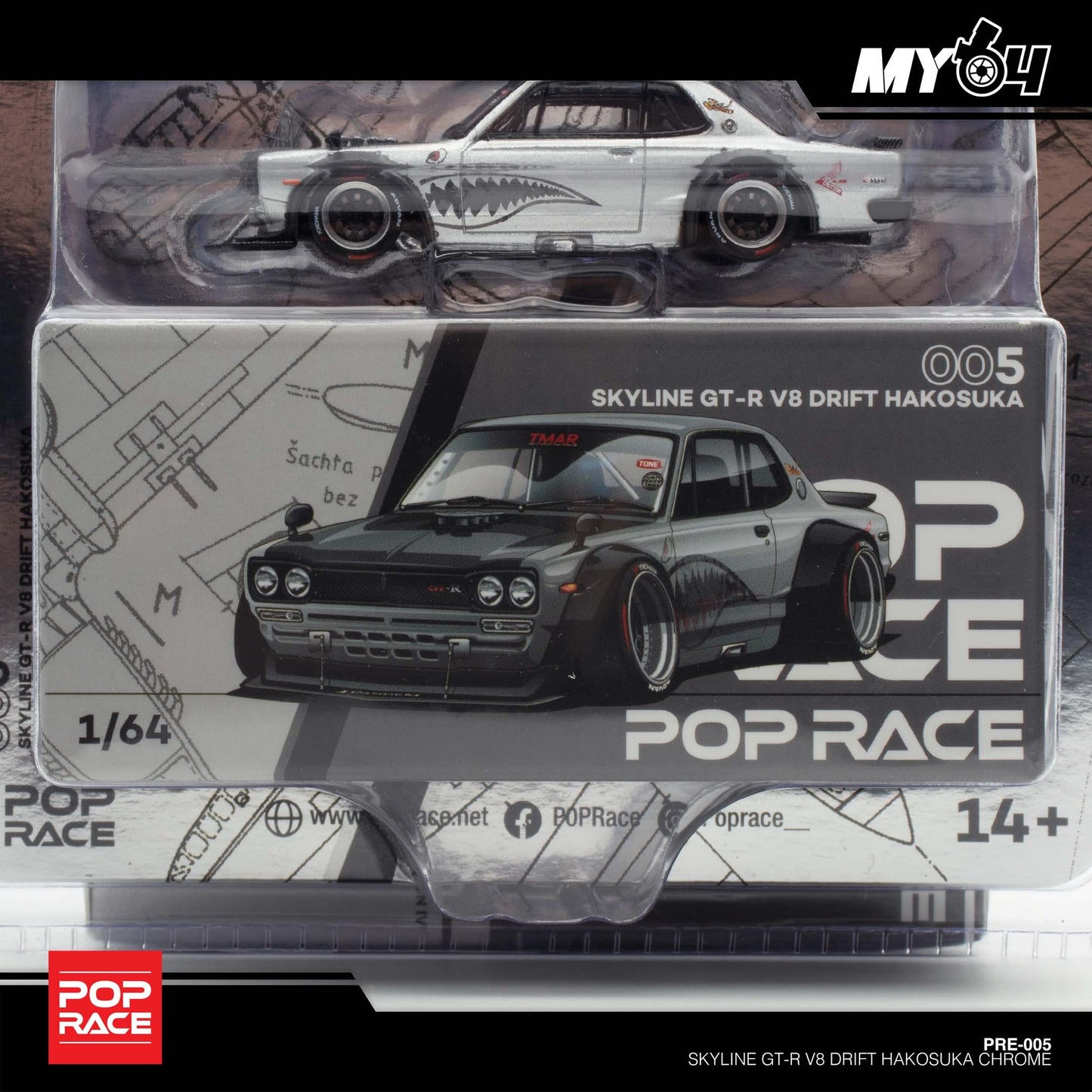 Pop Race X Enigma 1:64 Nissan Skyline GT-R KPGC10 Hakosuka V8 Drift Silver Shark in Blister Packaging (PRE005)