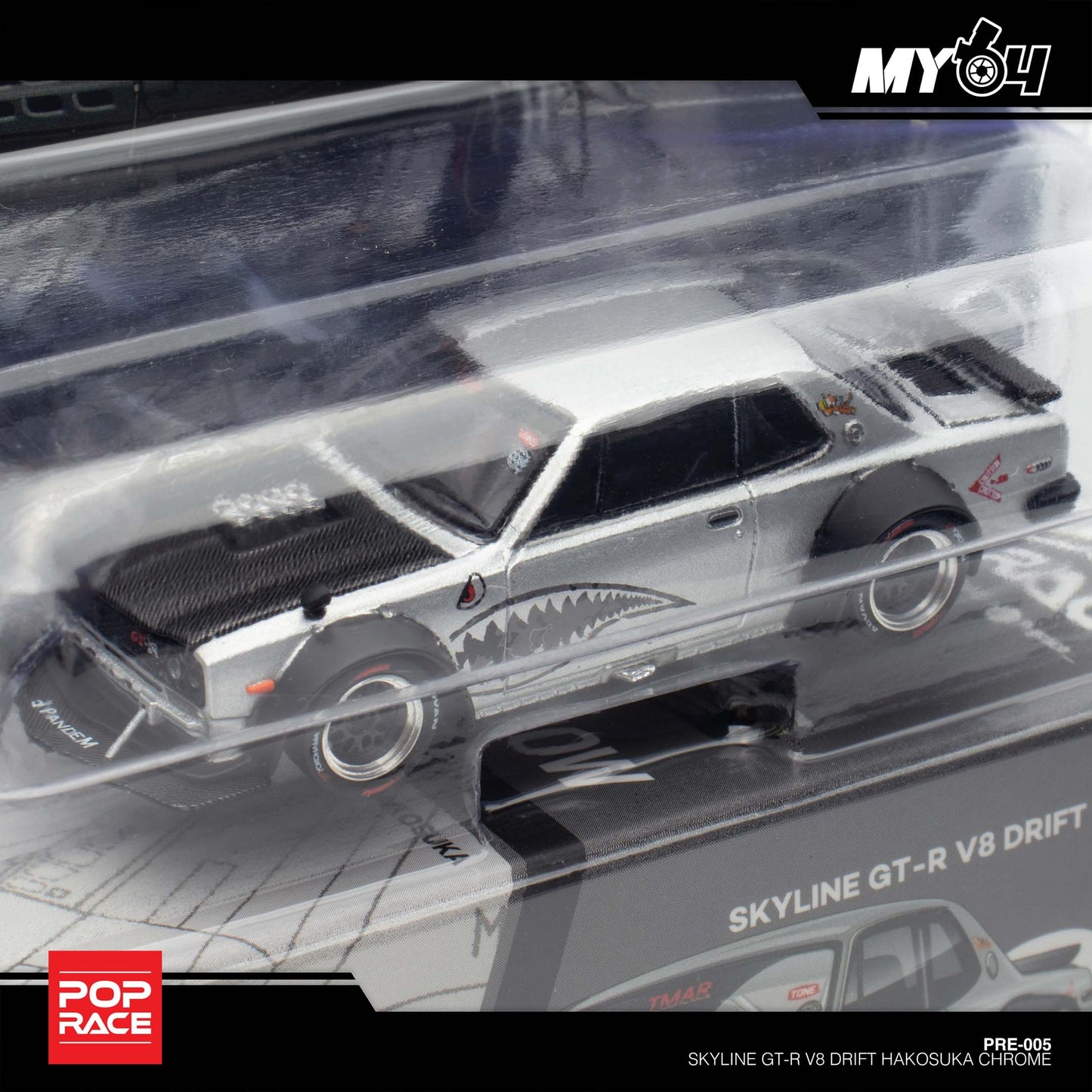 Pop Race X Enigma 1:64 Nissan Skyline GT-R KPGC10 Hakosuka V8 Drift Silver Shark in Blister Packaging (PRE005)