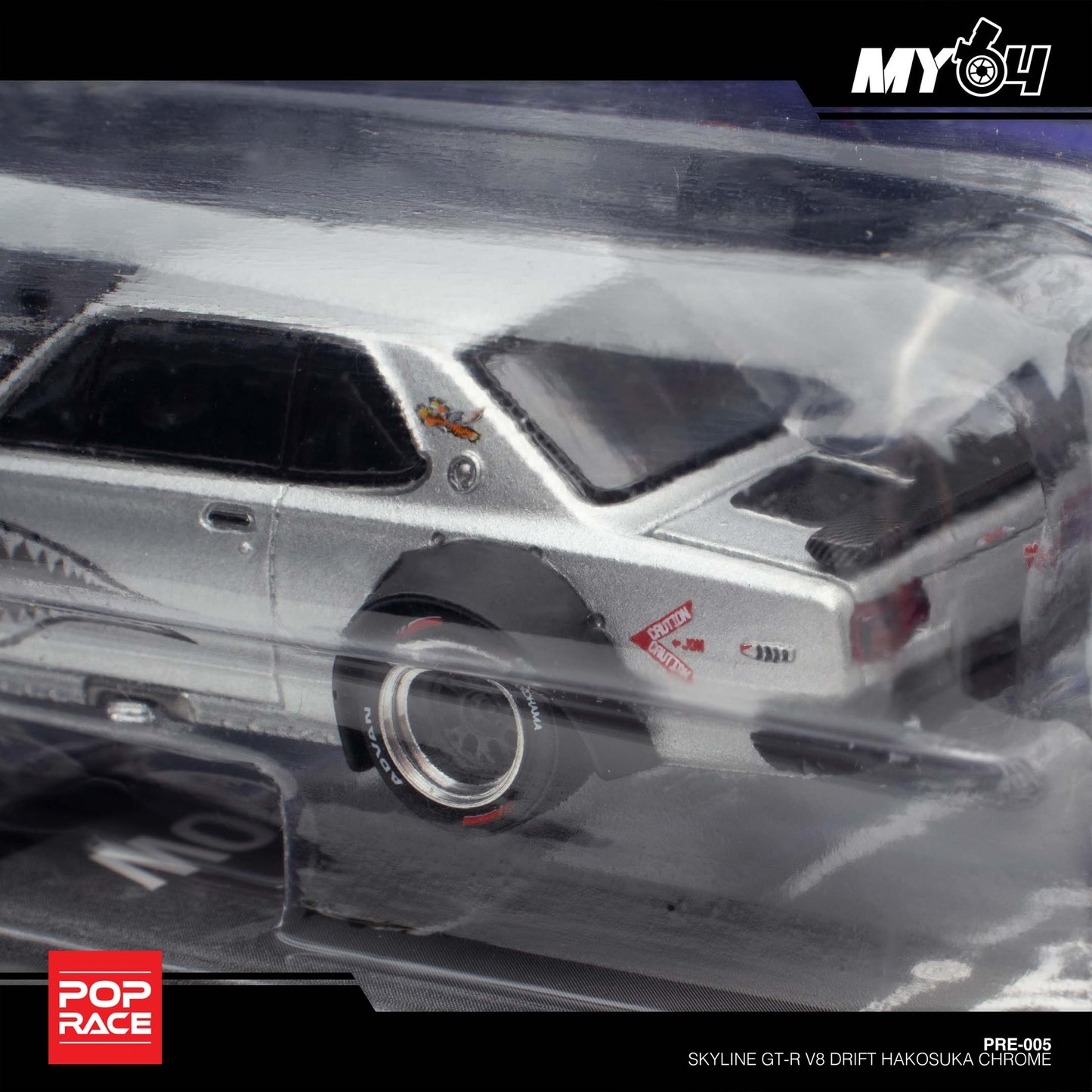Pop Race X Enigma 1:64 Nissan Skyline GT-R KPGC10 Hakosuka V8 Drift Silver Shark in Blister Packaging (PRE005)