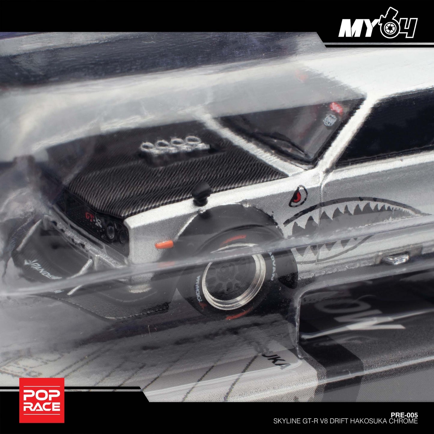 Pop Race X Enigma 1:64 Nissan Skyline GT-R KPGC10 Hakosuka V8 Drift Silver Shark in Blister Packaging (PRE005)