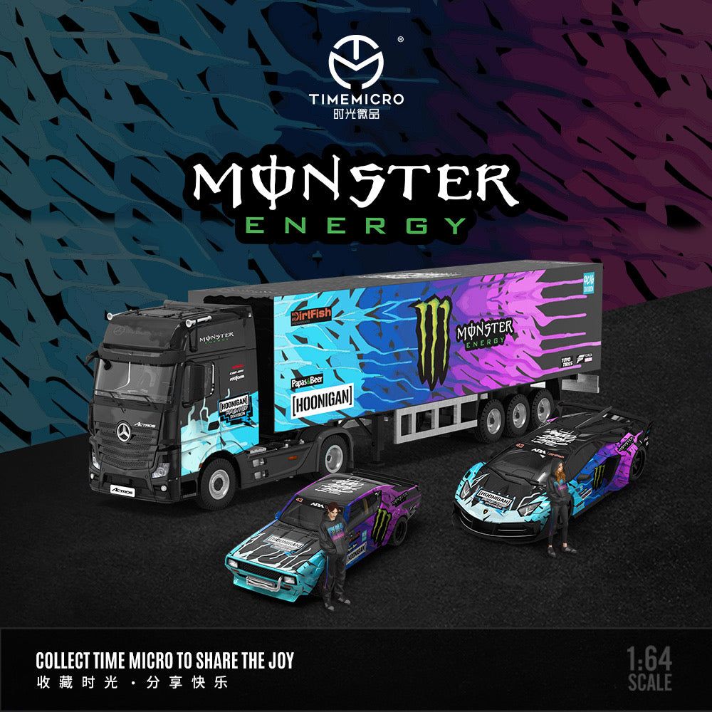 Time Micro 1:64 Mercedes Benz Actros Container Truck Monster Energy Black Edition + Lamborghini Aventador GT EVO + Nissan GT-R KPGC110 + 2 Figures Full Set