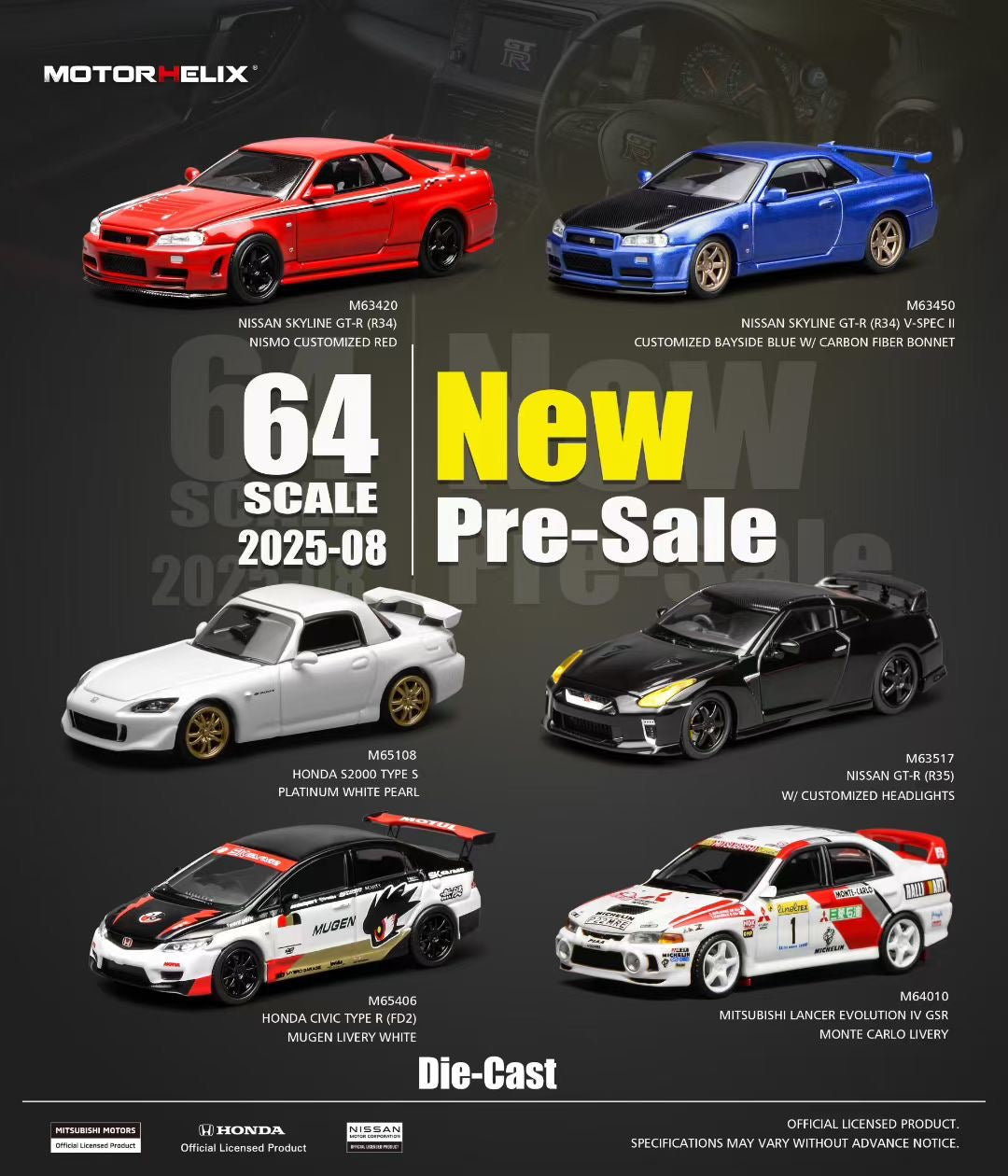 Motorhelix 1:64 Nissan Skyline GT-R R34 Nismo Z-Tune V-Spec-II Nismo Red Openable Front Hood Detailed Engine Official Licensed (Premium Box Packaging)