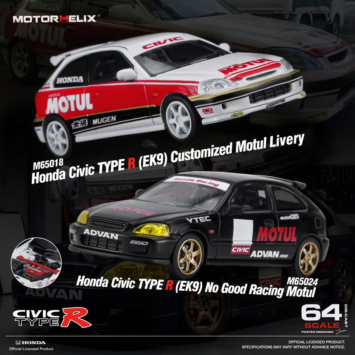 Motorhelix 1:64 Honda Civic Type R EK9 Customized Motul Livery Openable Front Hood Detailed Engine - Honda Official Licensed