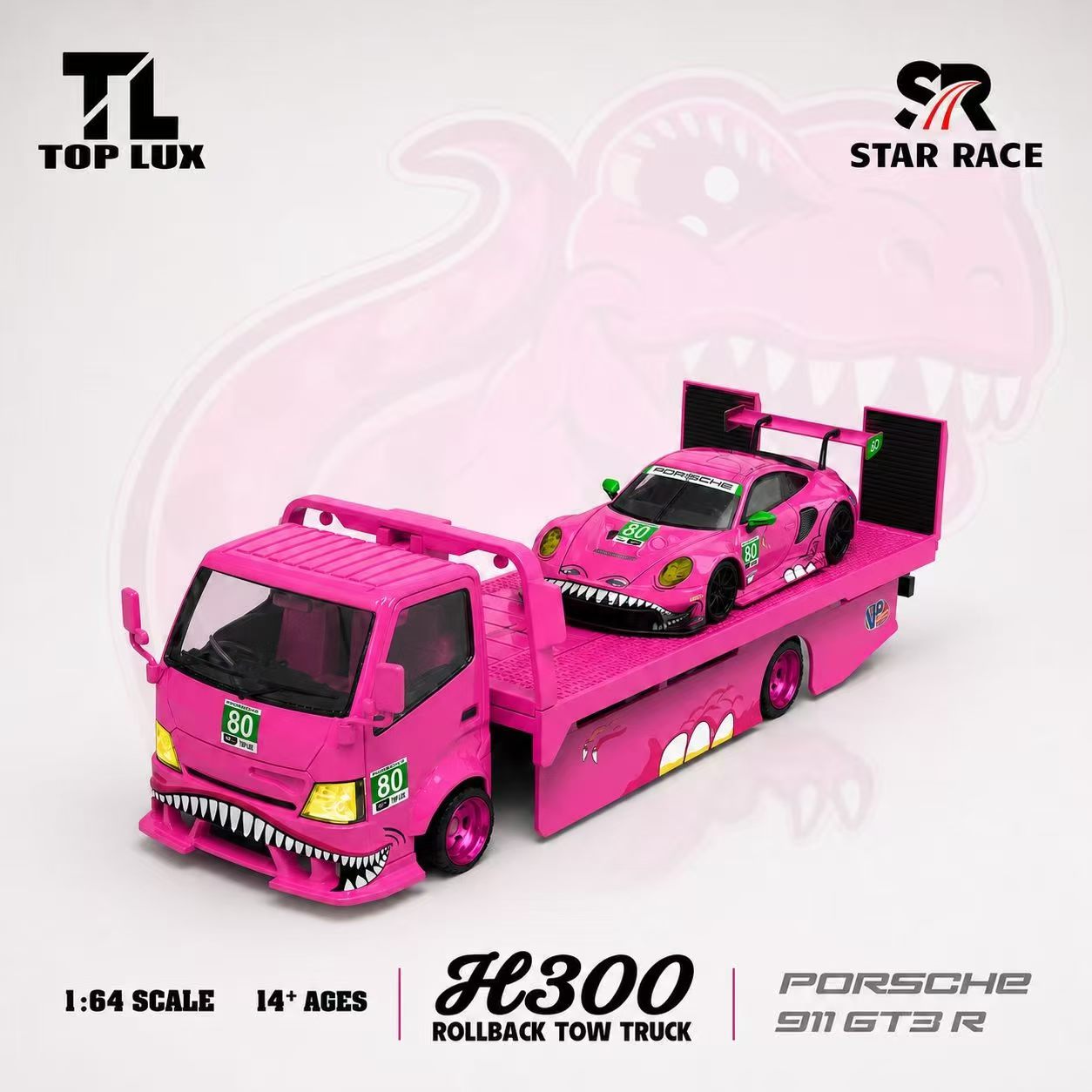 Top Lux X Star Race 1:64 H300 Rollback Tow Truck Extendable Flat Bed + 911 GT3 R Tyrannosaurus Roxy Pink (Full Set)