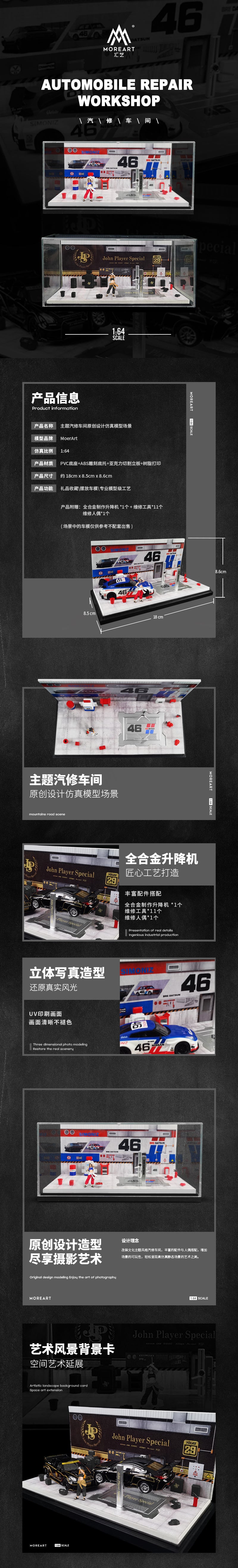 MoreArt 1/64 Automobile Repair Workshop Garage Diorama with Tools and Figure Set- BRE Datsun Edition