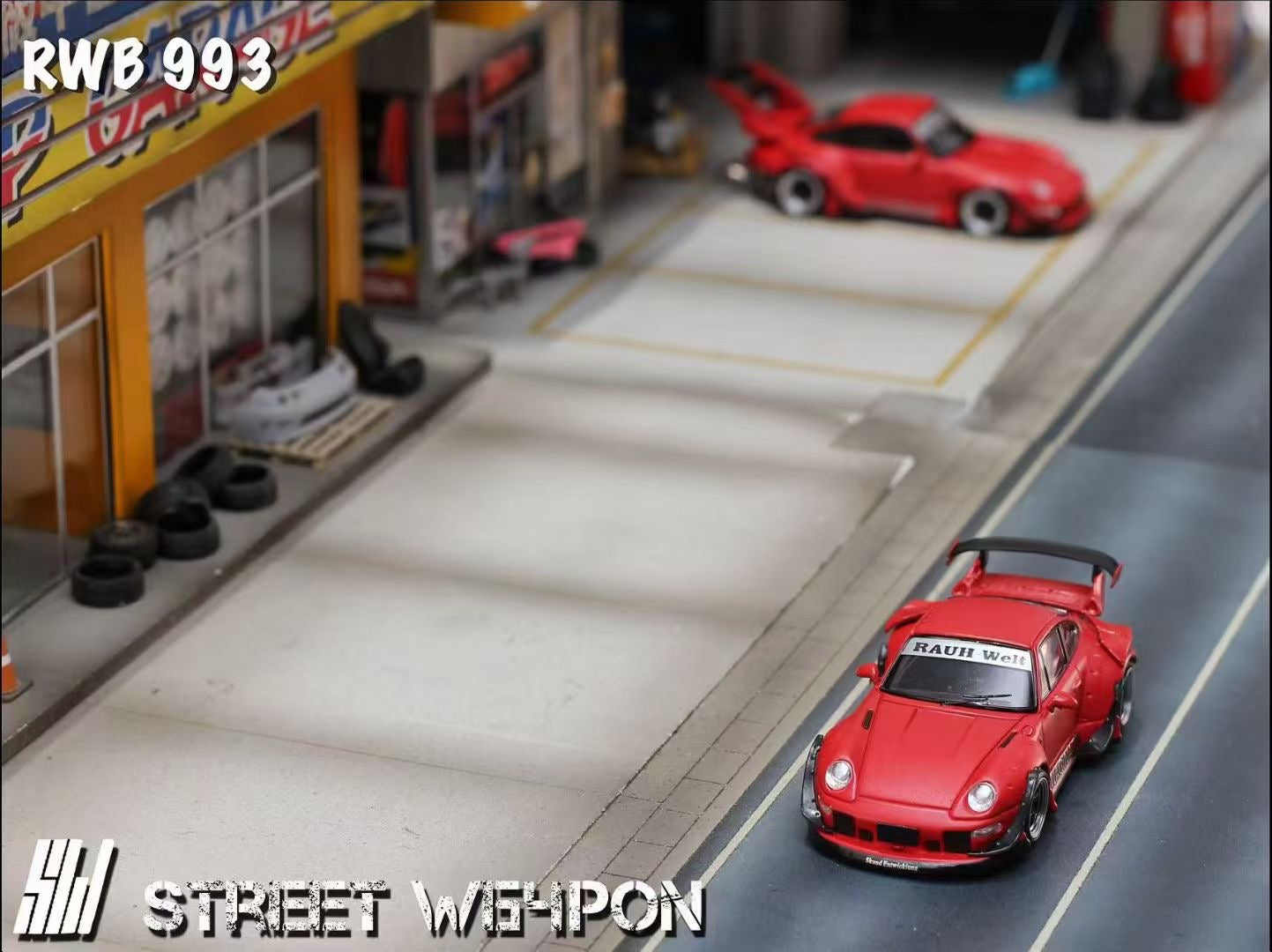 Street Weapon 1/64 Porsche RWB 993 Matt Red NAGINATA High Tail Spoiler Version