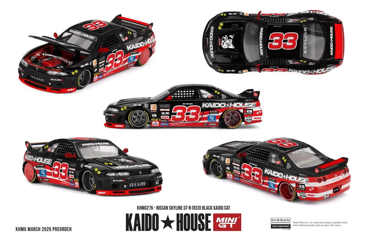 Mini GT x KAIDOHOUSE 1:64 Nissan Skyline GT-R (R33) Black Kaido Cat (KHMG276)