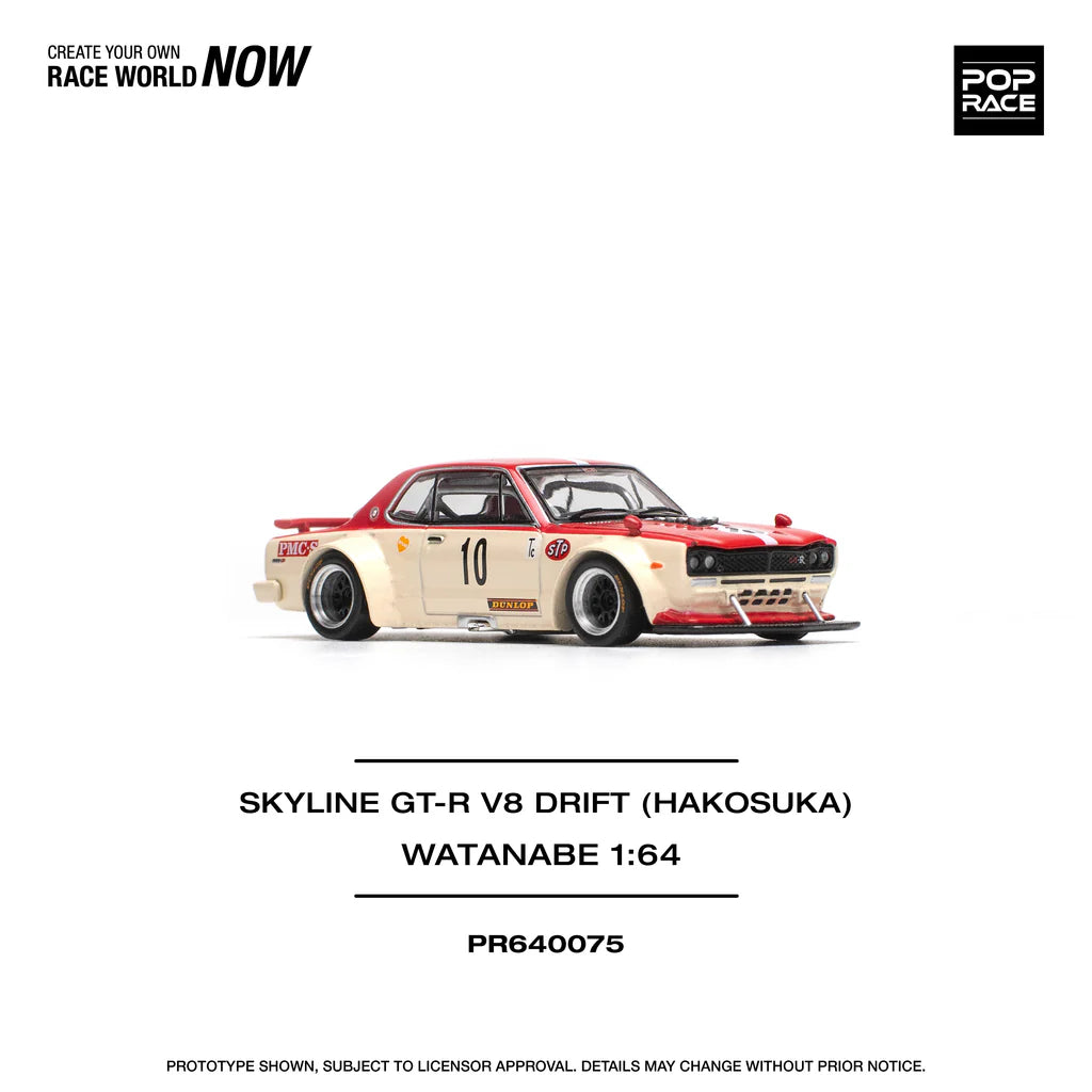 Pop Race 1:64 Nissan Skyline GT-R KPGC10 V8 Drift Hakosuka Watanabe Red Yellow Opening Front and Rear Detailed Engine (PR640075)