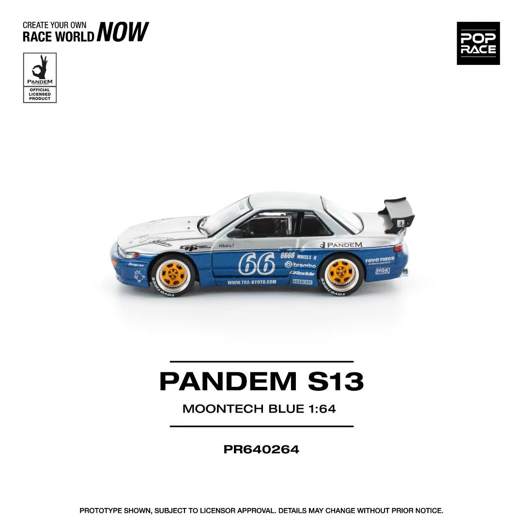 Pop Race 1:64 Nissan Pandem Silvia S13 MOONTECH Rocket Bunny #66 Blue Opening Front Hood Detailed Engine (PR640264)