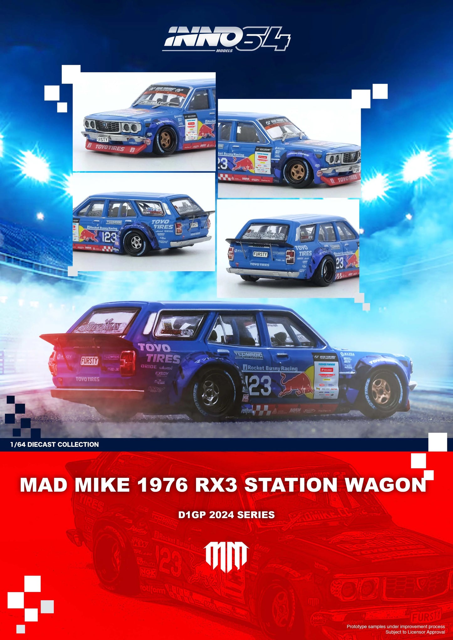 INNO64 1:64 MAD MIKE 1976 MAZDA RX3 Station Wagon D1GP 2024 (IN64-RX3P-D1GP24)