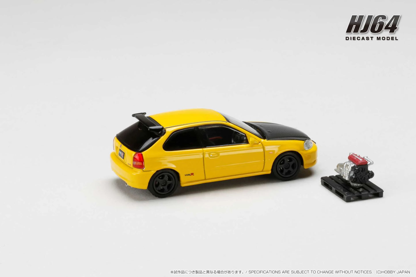 Hobby Japan 1/64 Honda CIVIC TYPE R (E-EK9) 1997 Customized Ver. with Engine Display Model Yellow Honda Official Licensed