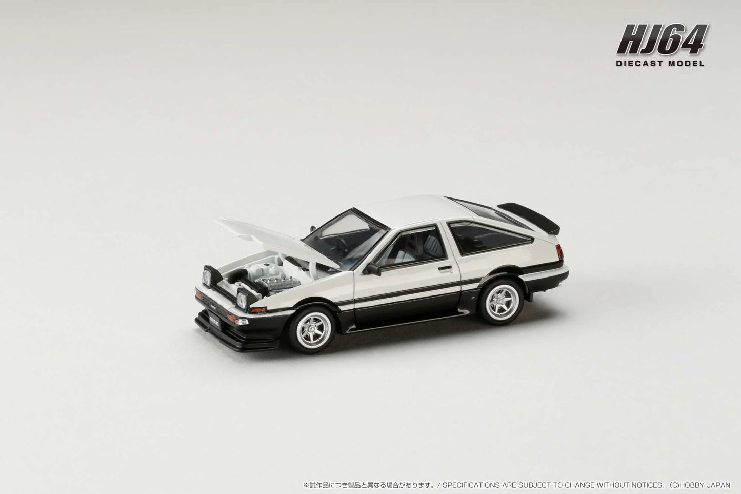 Hobby Japan 1:64 Toyota Sprinter Trueno GT Apex AE86 Late Version JDM Style White Black Pop Up Lights Openable Front Hood with Detailed Engine Toyota Official Licensed (HJ645052WB)