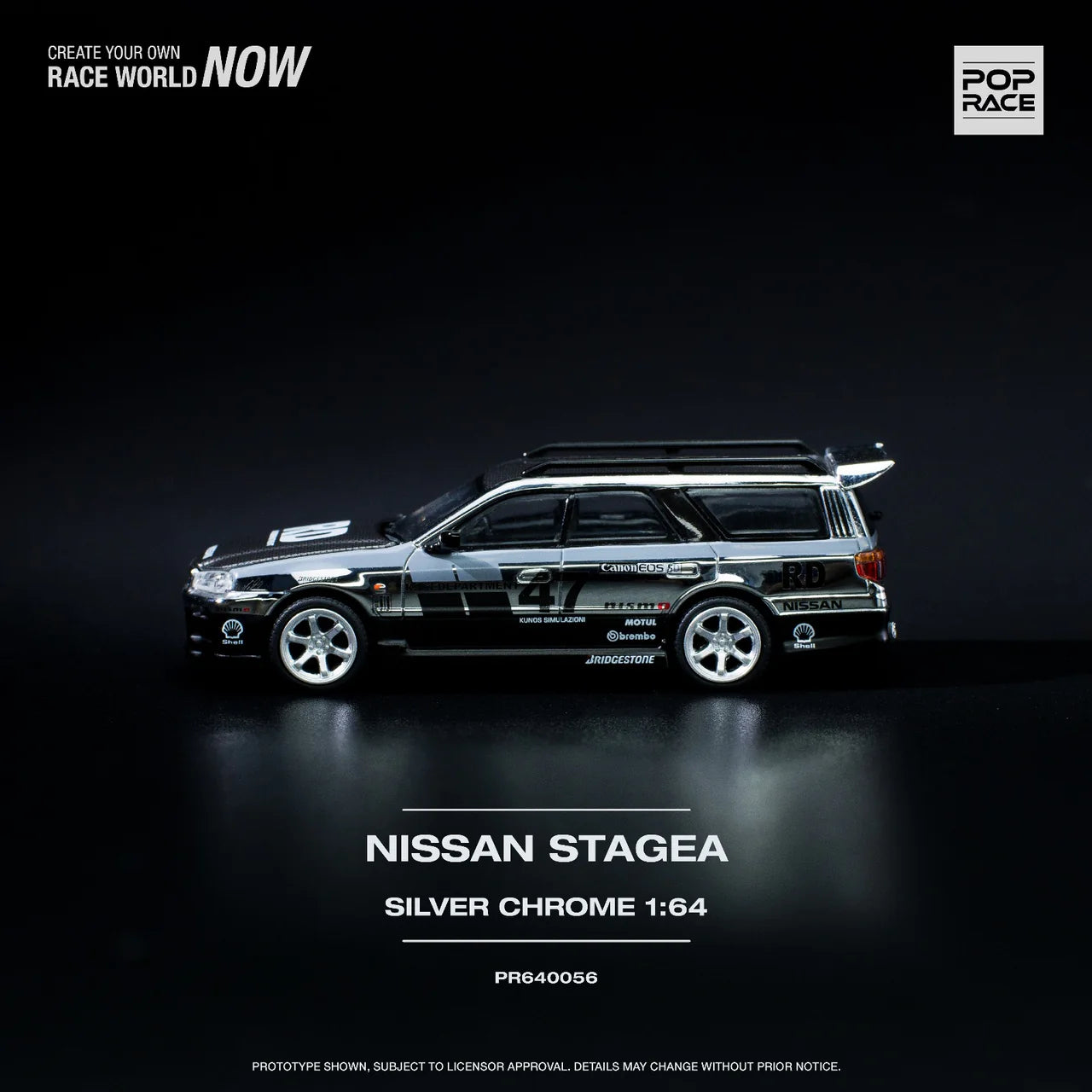 POP RACE 1/64 Nissan Stagea Chrome Silver - with Openable Hood (PR640056)