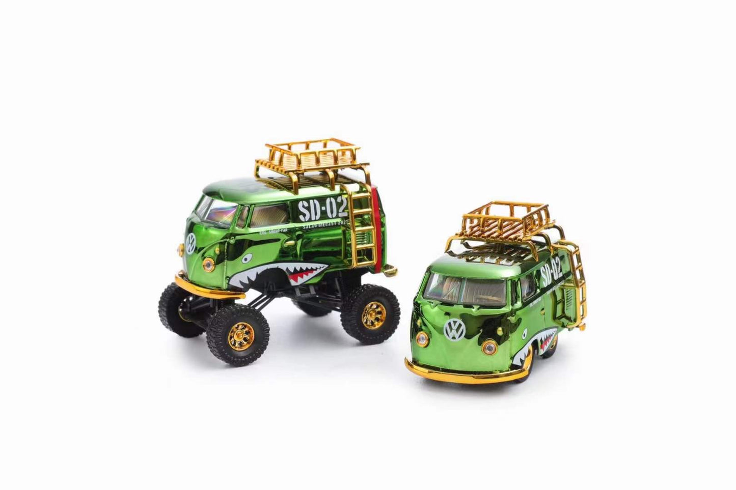 HY Model 1:64 Volkswagen T1 Kombi Camper Van Short Axis Egg Car Chrome Green Shark 4x4 Monster Truck Wheels