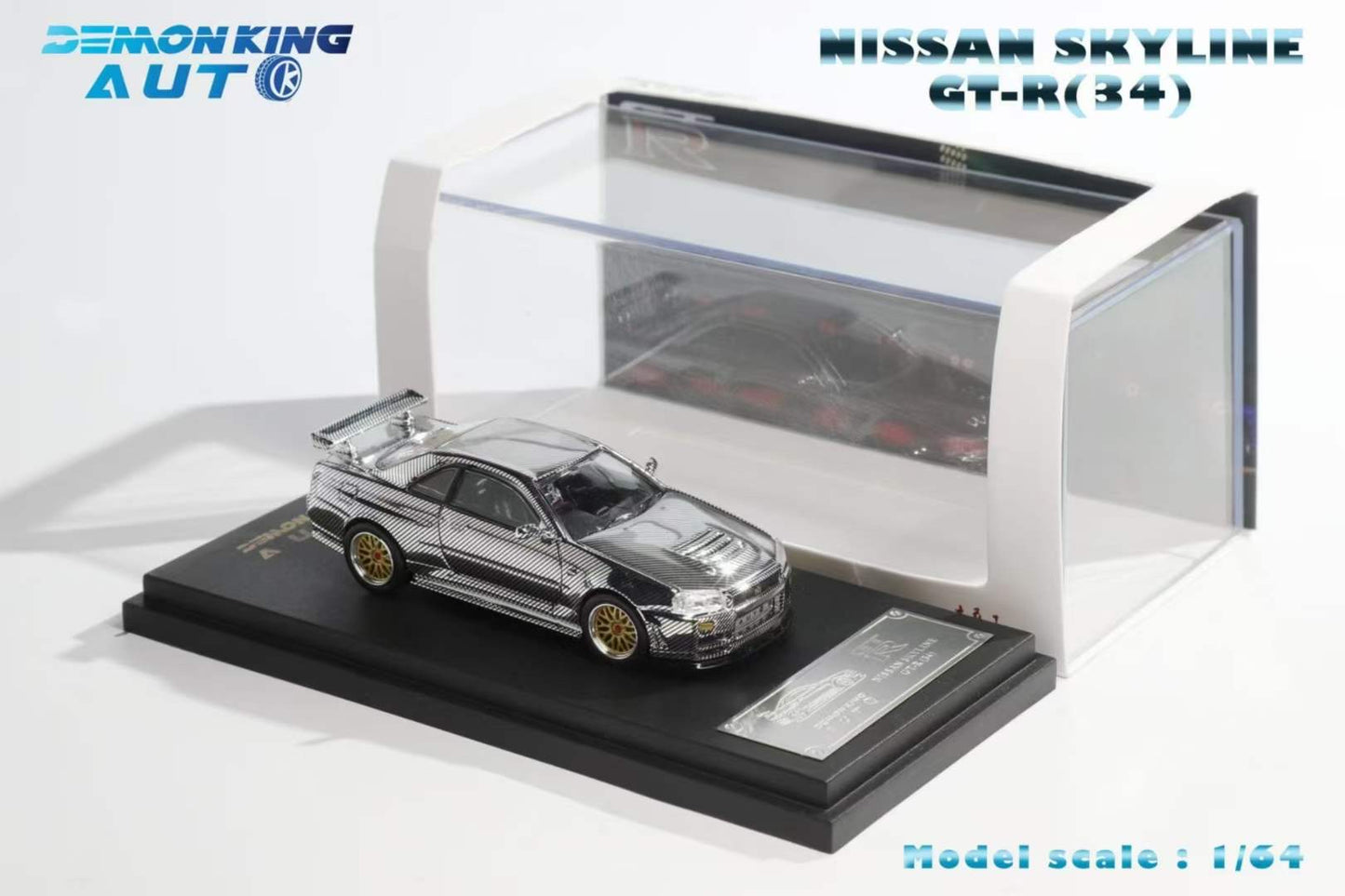 Demon King Auto 1:64 Nissan Skyline GT-R R34 Z-Tune Openable Engine Hood Full Carbon Silver