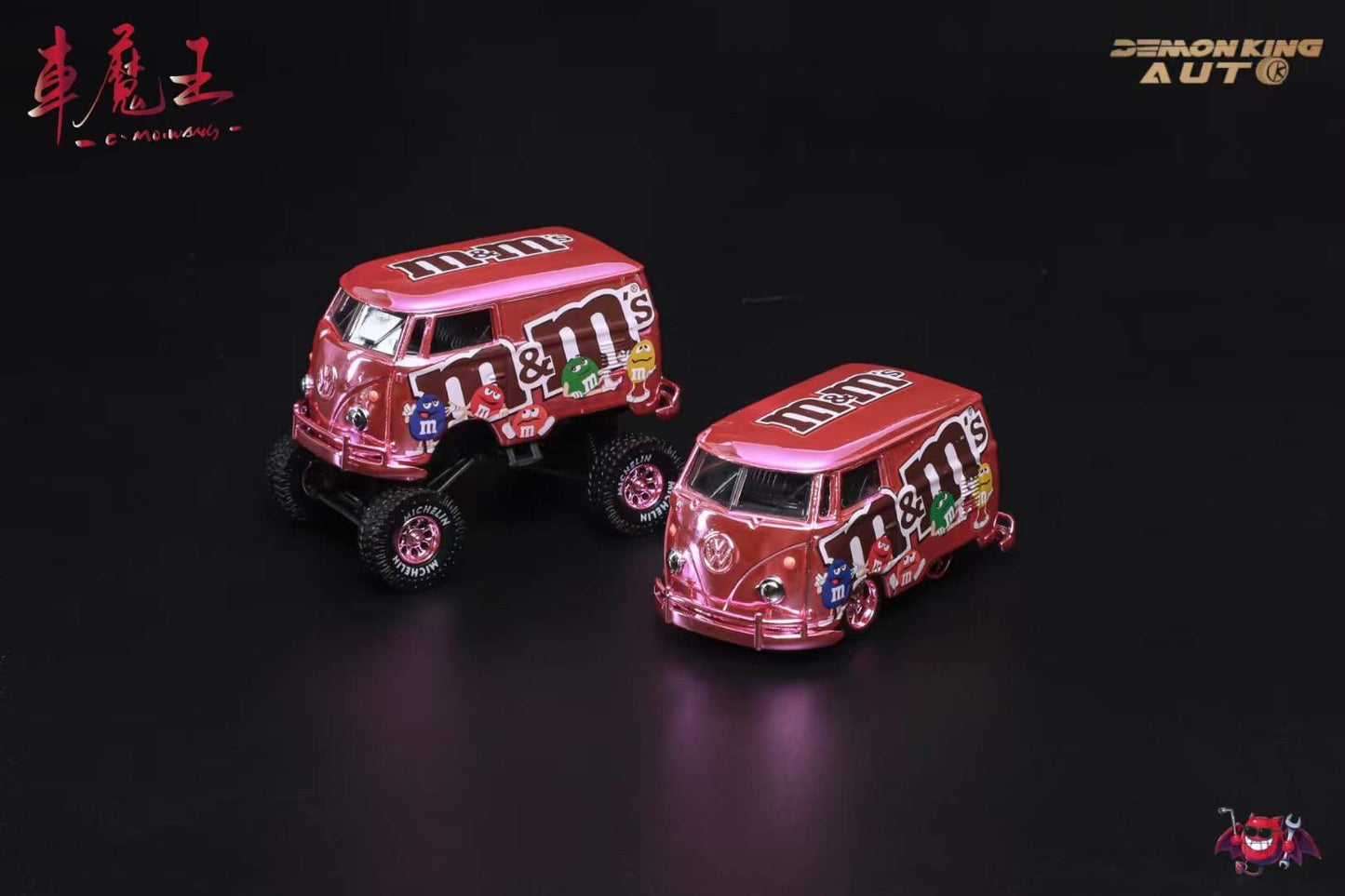 Demon King Auto x HY Model 1:64 Volkswagen T1 Kombi Camper Van Short Axis Egg Car M&M Edition Chrome Pink 4x4 Monster Truck Wheels