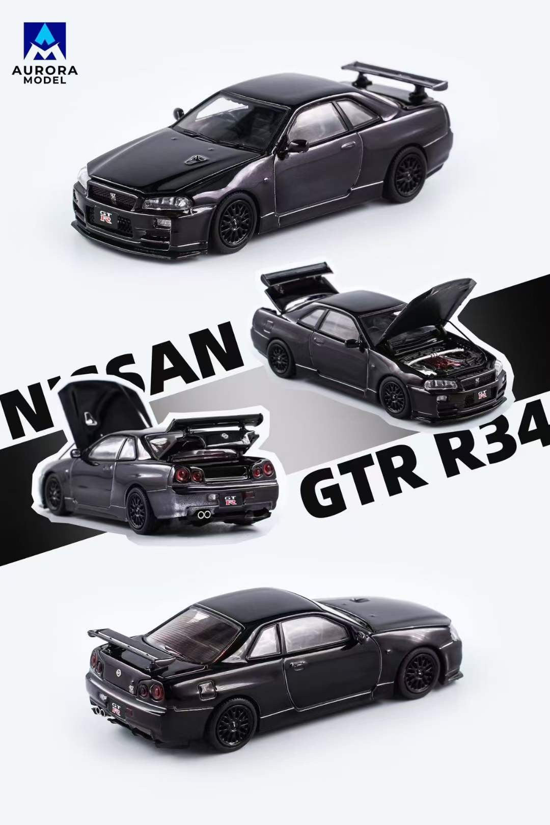 Aurora Model 1:64 Nissan Skyline GT-R R34 Z-Tune Chrome Black Openable Engine Hood China All In Tuning Expo 2024 Limited Edition 499 Pieces