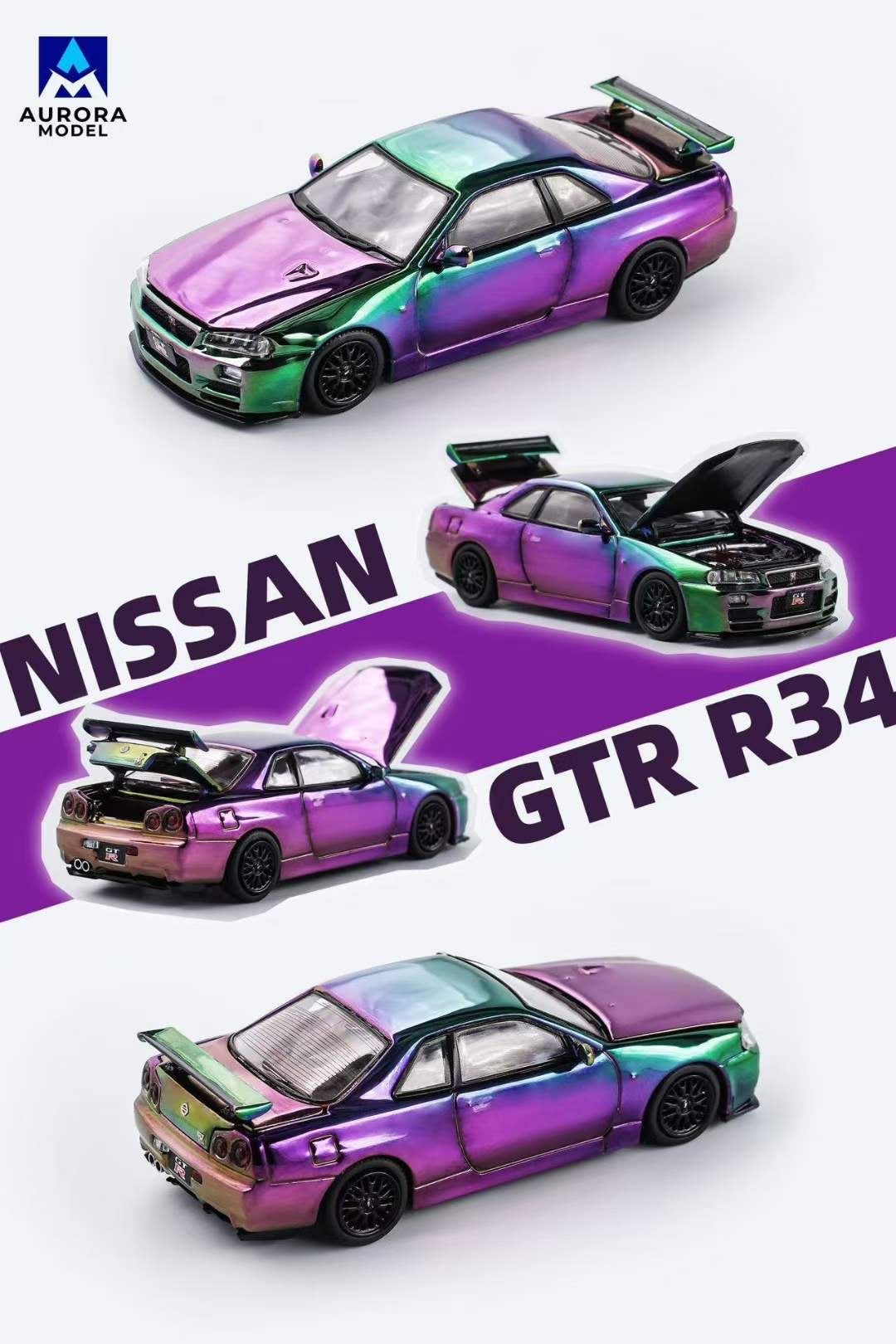 Aurora Model 1:64 Nissan Skyline GT-R R34 Z-Tune Chrome Magic Purple Openable Engine Hood China All In Tuning Expo 2024 Limited Edition 499 Pieces