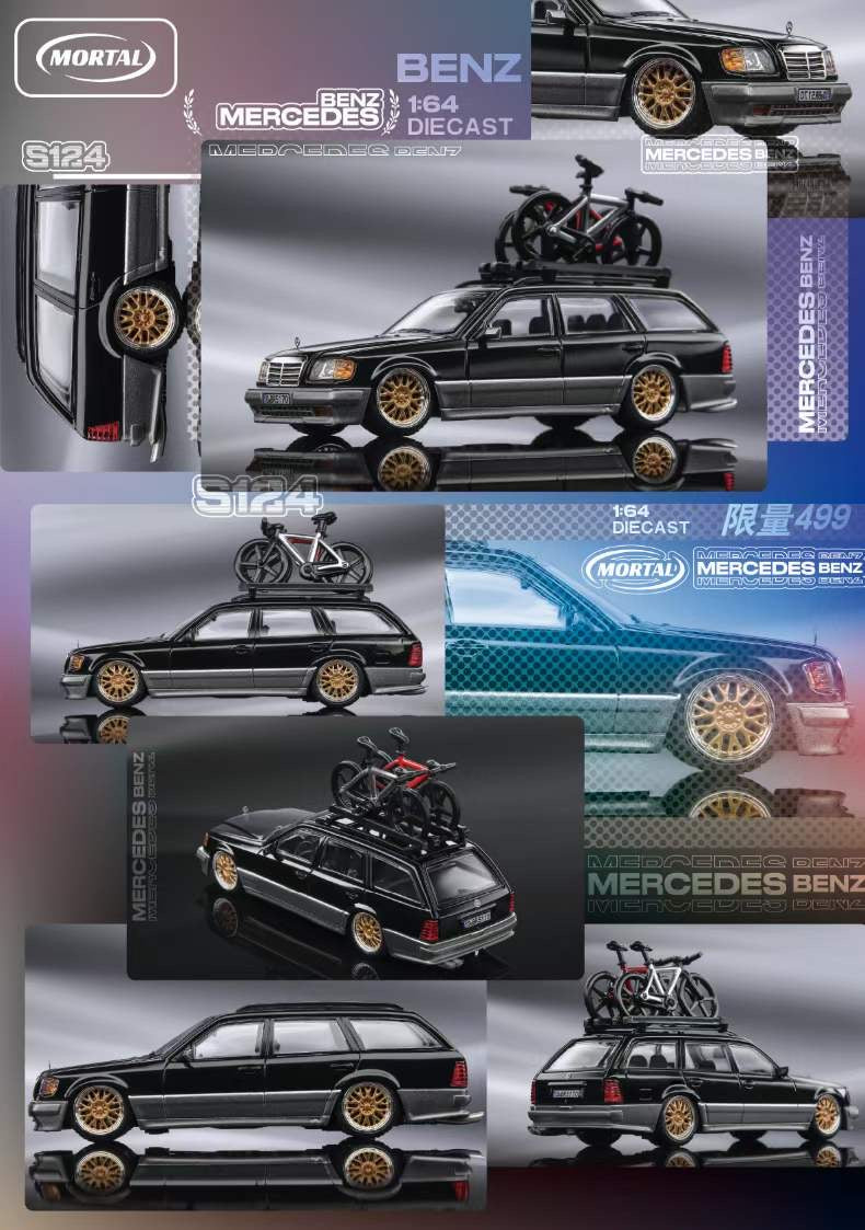 Mortal 1:64 Mercedes Benz E Class S124 Estate Black and Silver Low Stance BBS Gold Wheels Version with Roof Cage and Bicycles Limited 499 Pieces