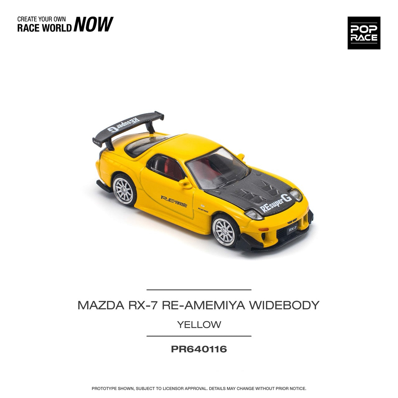 Pop Race 1:64 Mazda RX-7 Re-Amemiya Widebody Yellow Openable Engine Hood (PR640116)