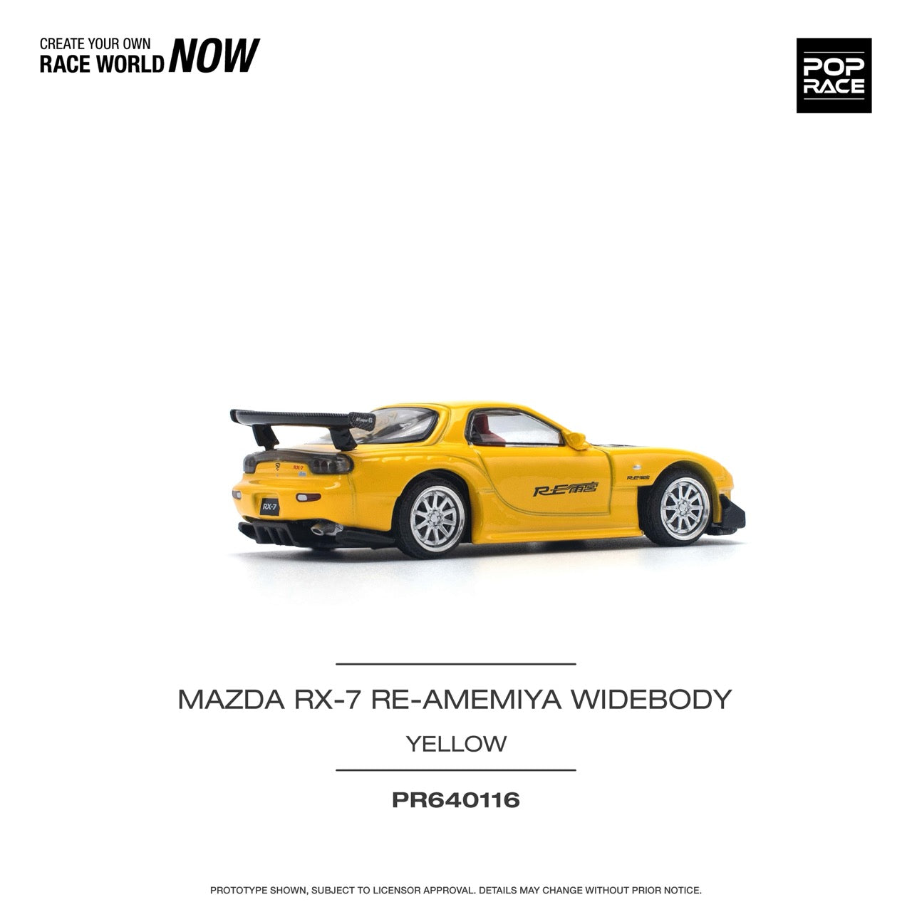 Pop Race 1:64 Mazda RX-7 Re-Amemiya Widebody Yellow Openable Engine Hood (PR640116)